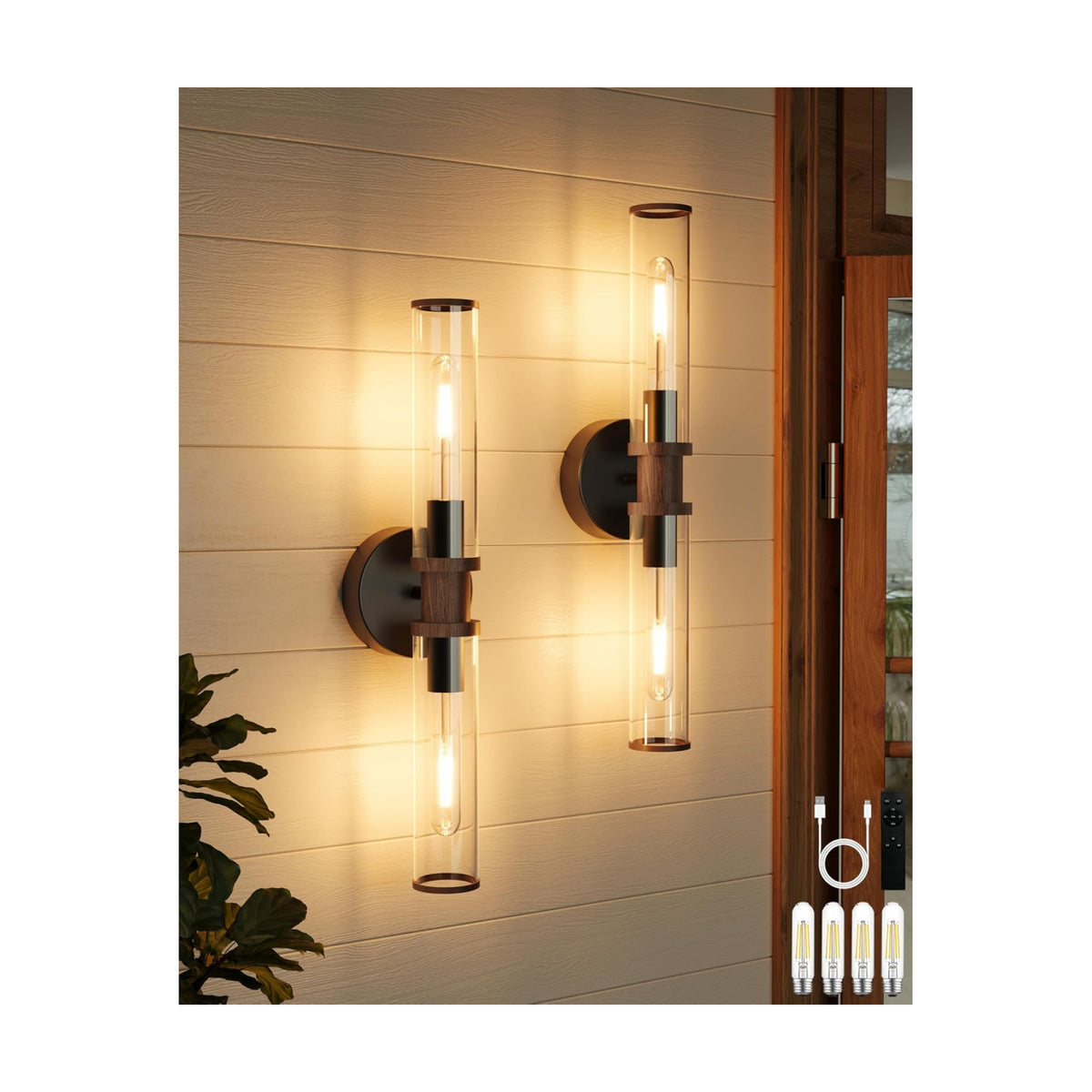 Rayogale Black & Walnut Wireless Battery Operated Wall Sconces with Remote | Glass Rechargeable Wall Lights Set of 2