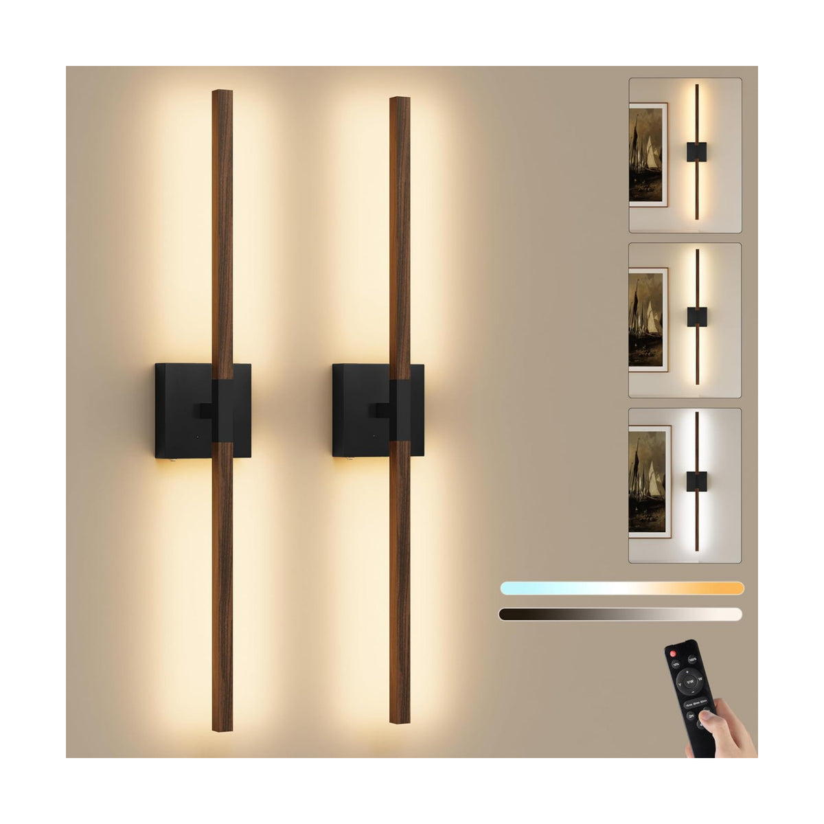 Rayogale Black Walnut Rechargeable Wall Sconce with Remote Control 40 Inch | 3000/4500/6000K Dimmable 8000mAh Wireless