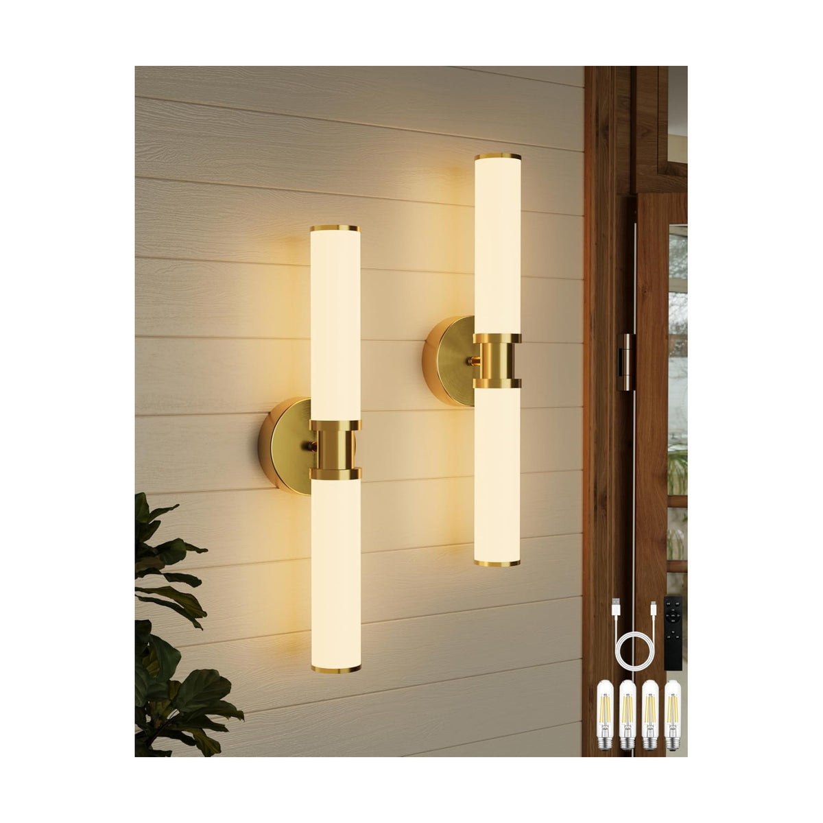 Rayogale Gold Wireless Battery Operated Wall Sconces with Remote Control | White Glass Rechargeable Wall Lights Set of