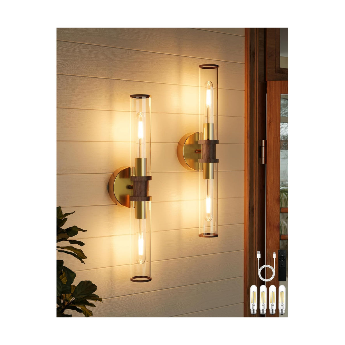 Rayogale Gold & Walnut Wireless Battery Operated Wall Sconces with Remote | Glass Rechargeable Wall Lights Set of 2