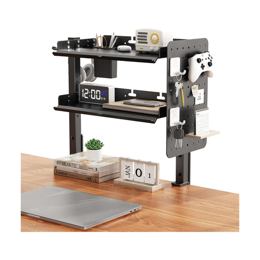 Metal Clamp On Desk Shelf,Storage Shelves with Pegboard and Pencil Holder | 2-Tier Adjustable 16 inch Above or Under