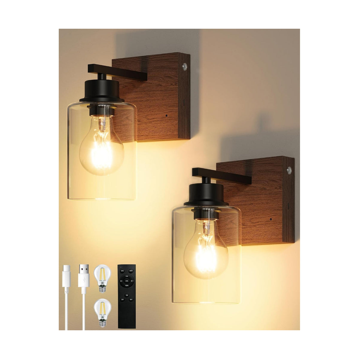 Rayogale Wireless Battery Operated Wall Sconce Set of 2 with Remote Control | Black & Walnut Dimmable Rechargeable Wall