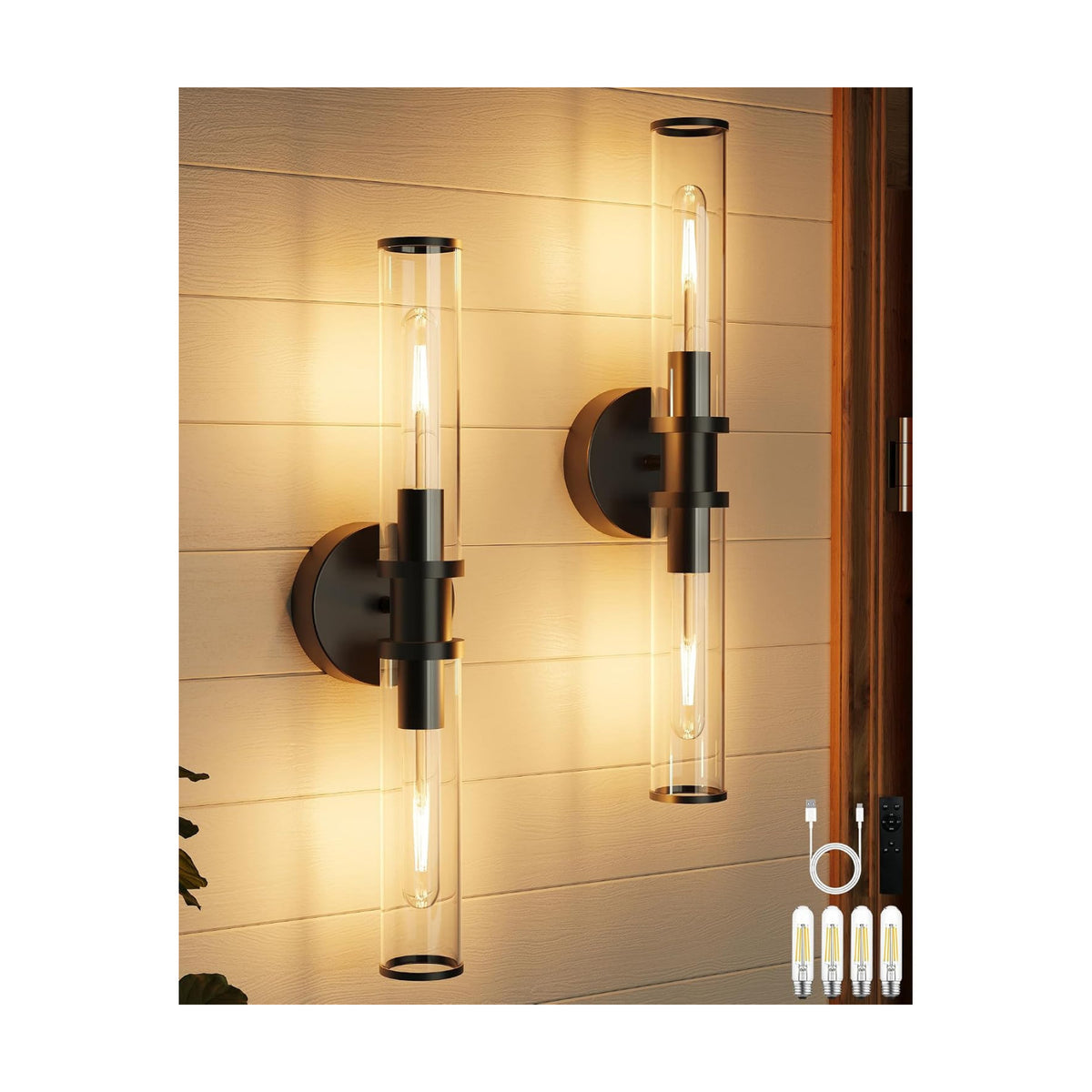 Rayogale Black Wireless Battery Operated Wall Sconces with Remote Control | Glass Rechargeable Wall Lights Set of 2