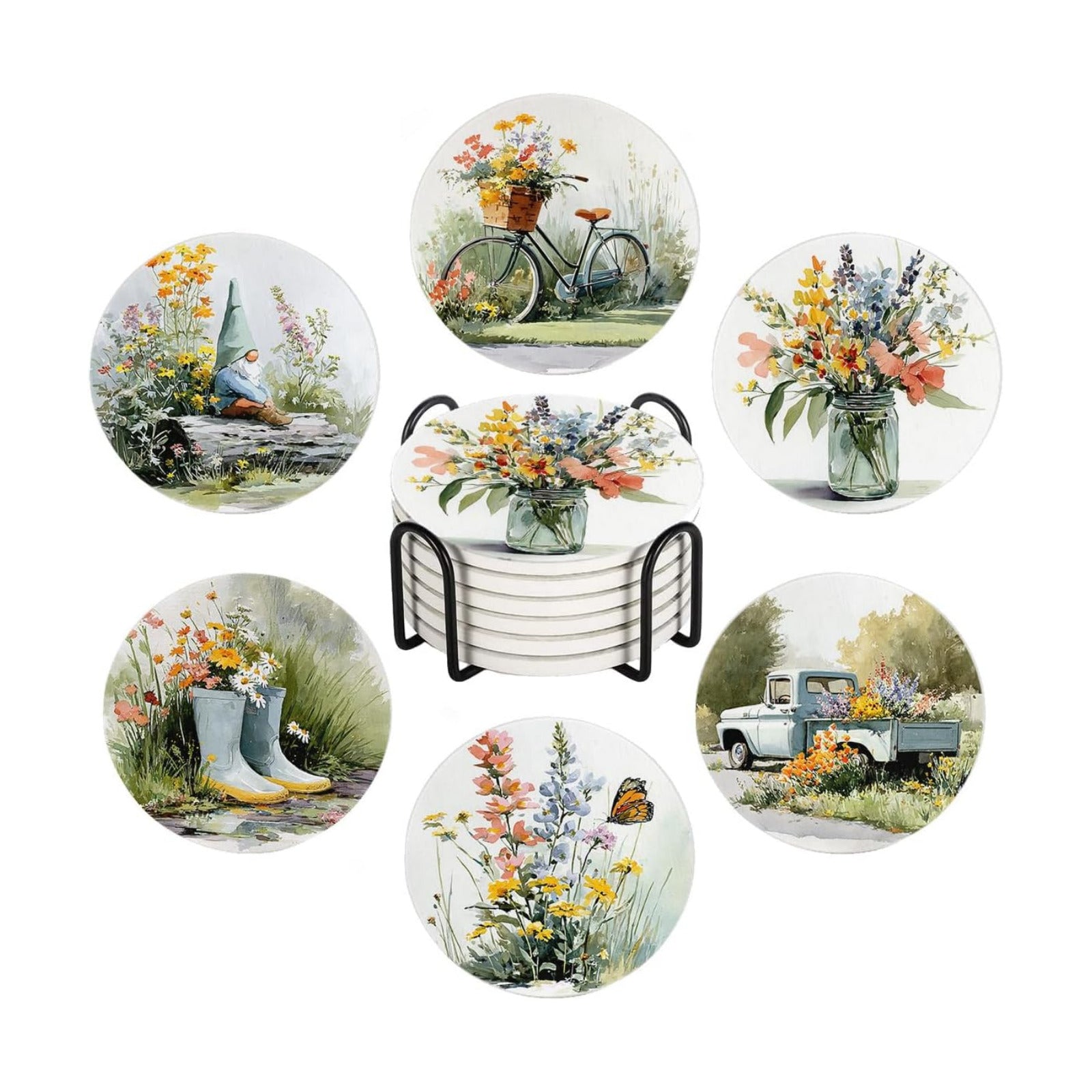 Holder / Spring Drink Absorbent Coasters / Wildflowers / Round / Set of 6