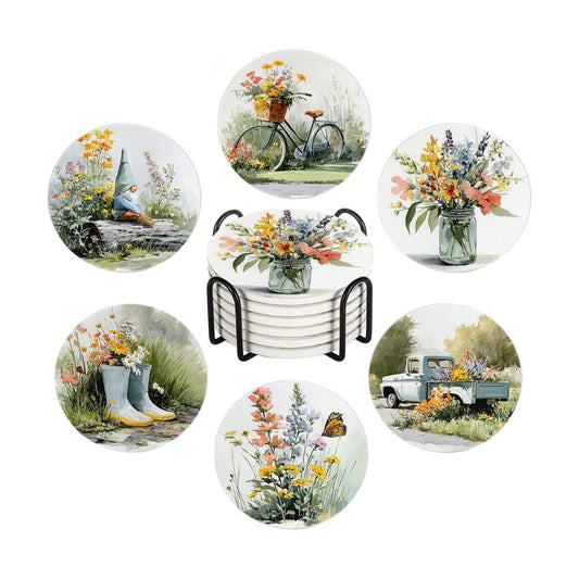 Holder / Spring Drink Absorbent Coasters / Wildflowers / Round / Set of 6