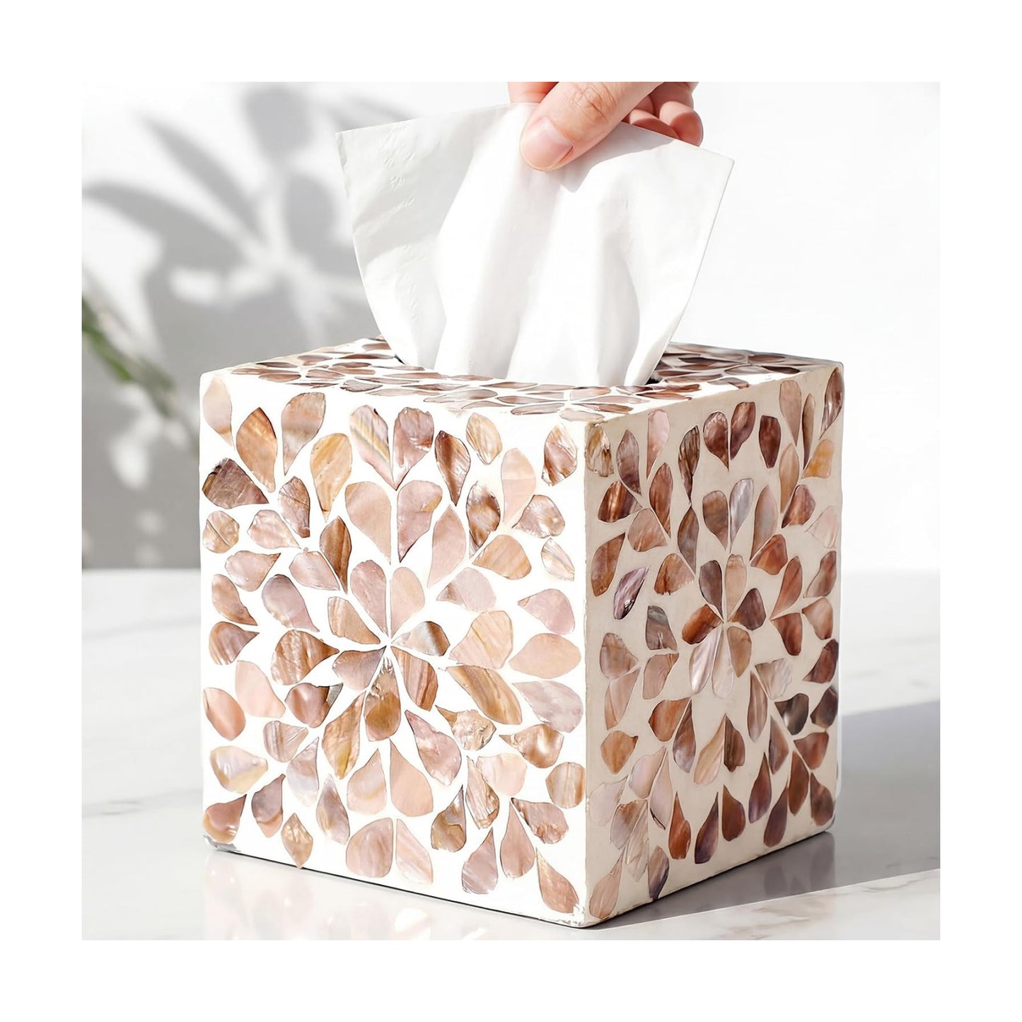 Cube Mother of Pearl Tissue Box Cover Ceramic Decorative Tissue Box Holder / Brown Floral / 5.9 Inch