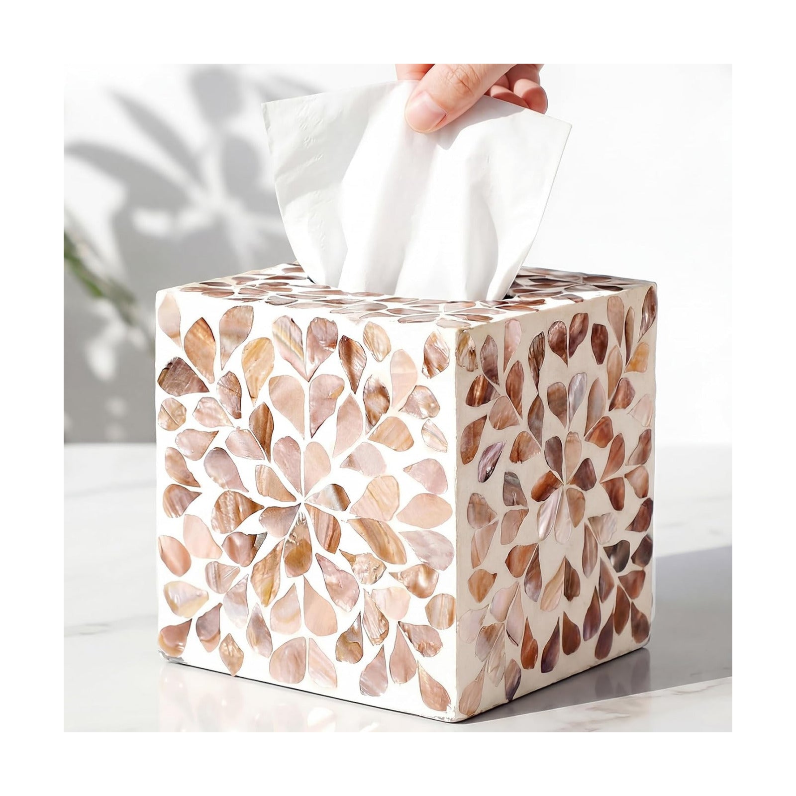 Cube Mother of Pearl Tissue Box Cover Ceramic Decorative Tissue Box Holder / Brown Floral / 5.9 Inch