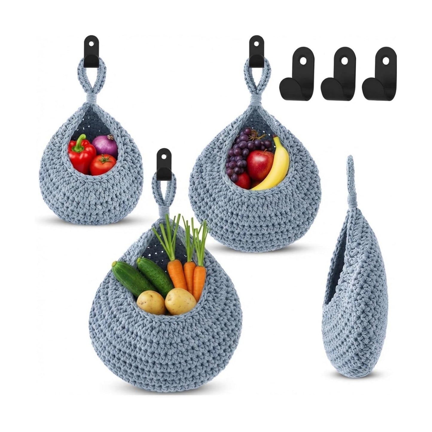 Boho Decor Hanging Wall Baskets / Light Blue / Cotton Rope / Teardrop / Set of 3