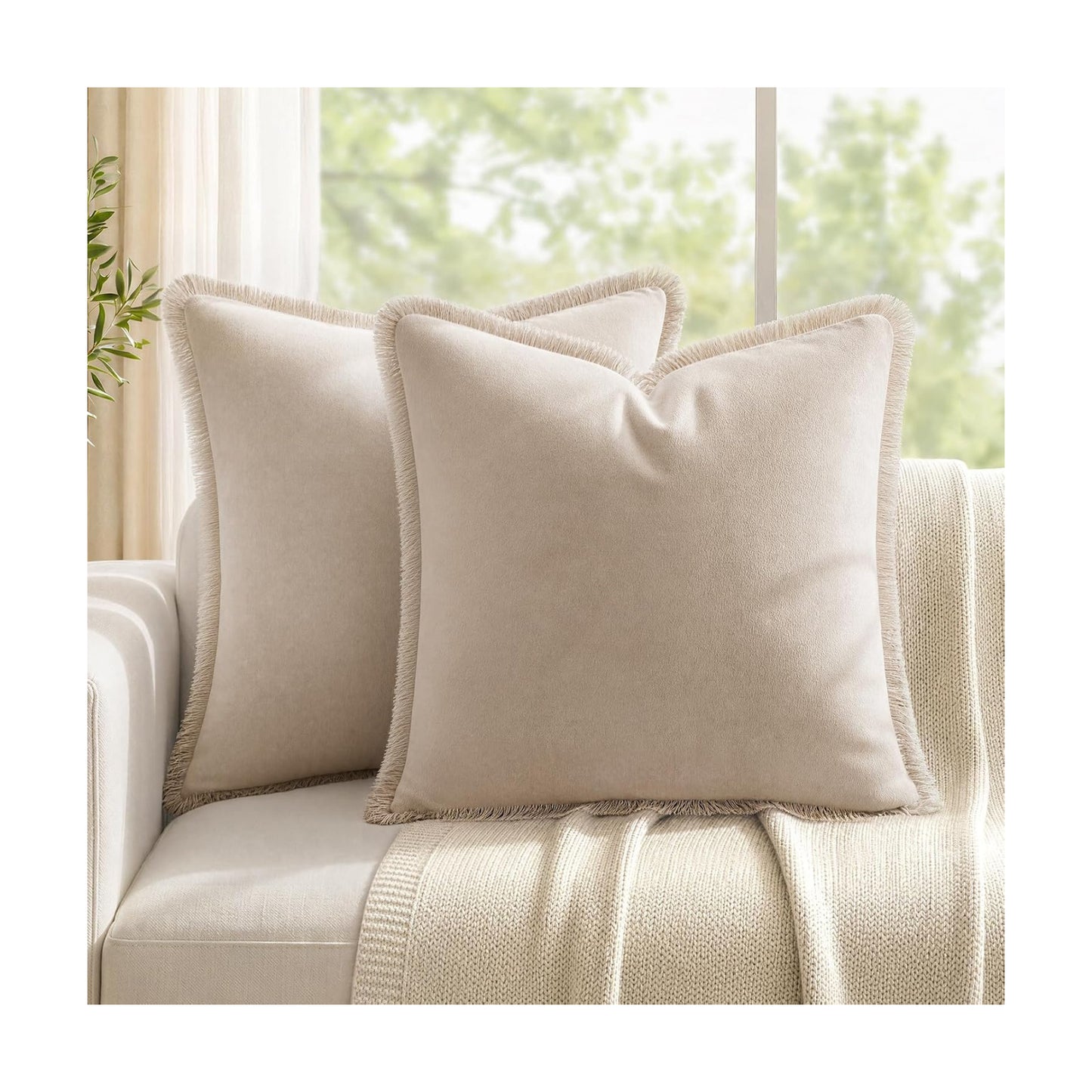 Neutral Velvet Throw Pillow Covers / Beige / 18 x 18 / Set of 2