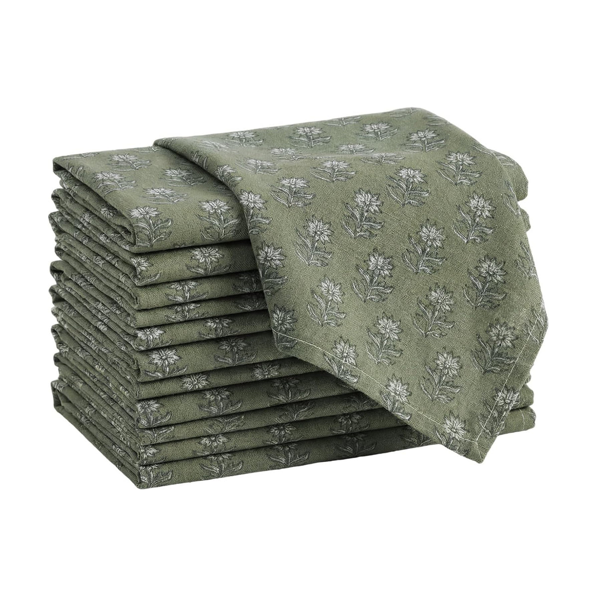 Set of 12 Floral Cloth Napkins Grey Green Linen Cloth Napkins Spring Flower Wildflowers Dinner Napkin 15 x 15 Inch