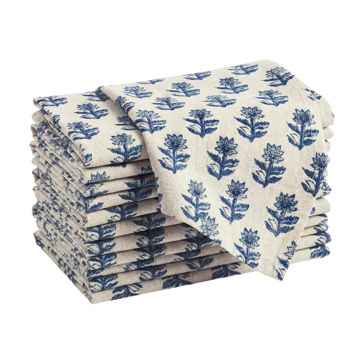 Set of 12 Floral Cloth Napkins Blue Linen Cloth Napkins Spring Flower Wildflowers Dinner Napkin 15 x 15 Inch Vintage