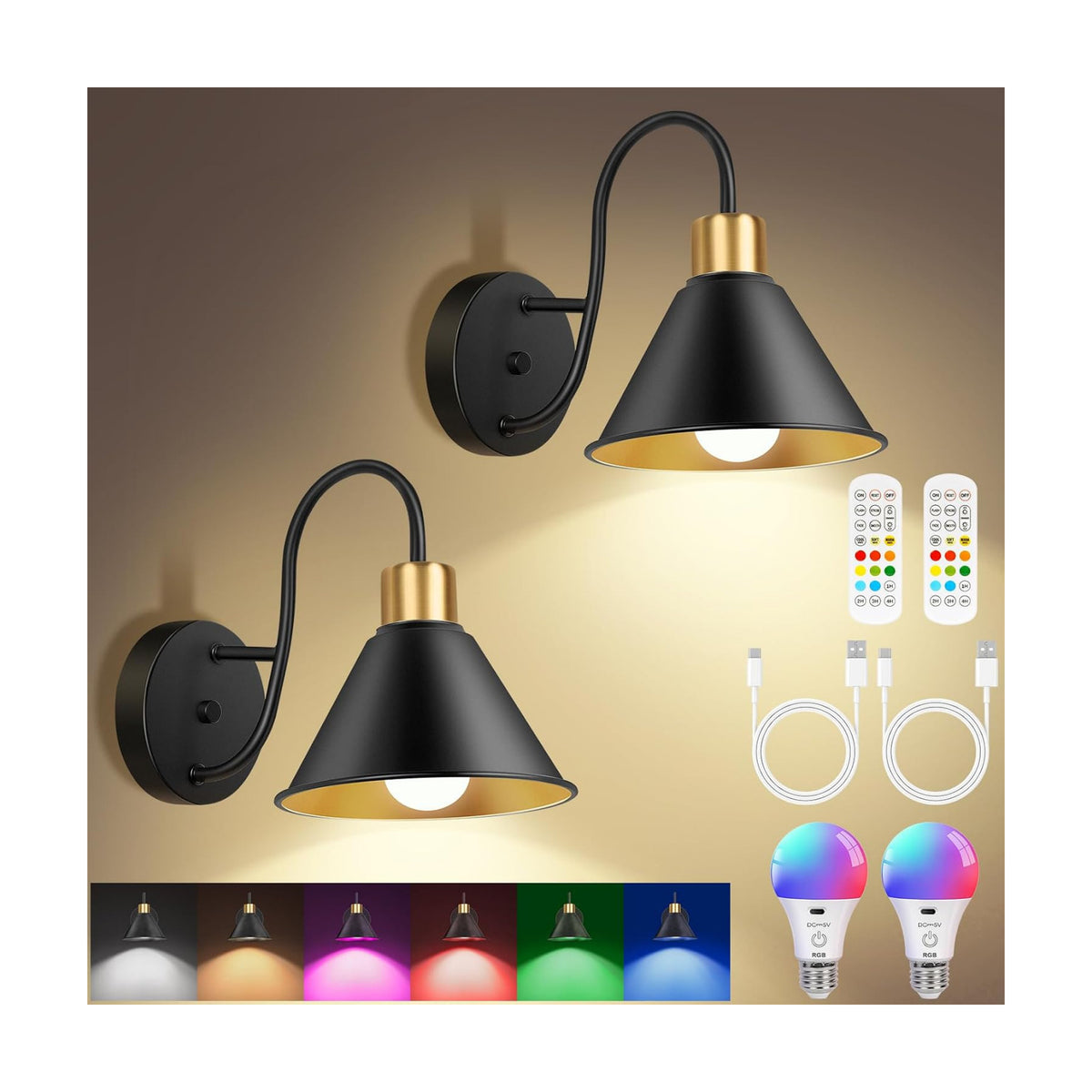 Frideko Rechargeable Wall Sconces Set of Two with Remote, RGB 15 Colors Dimmable Battery Operated Wall Lights for