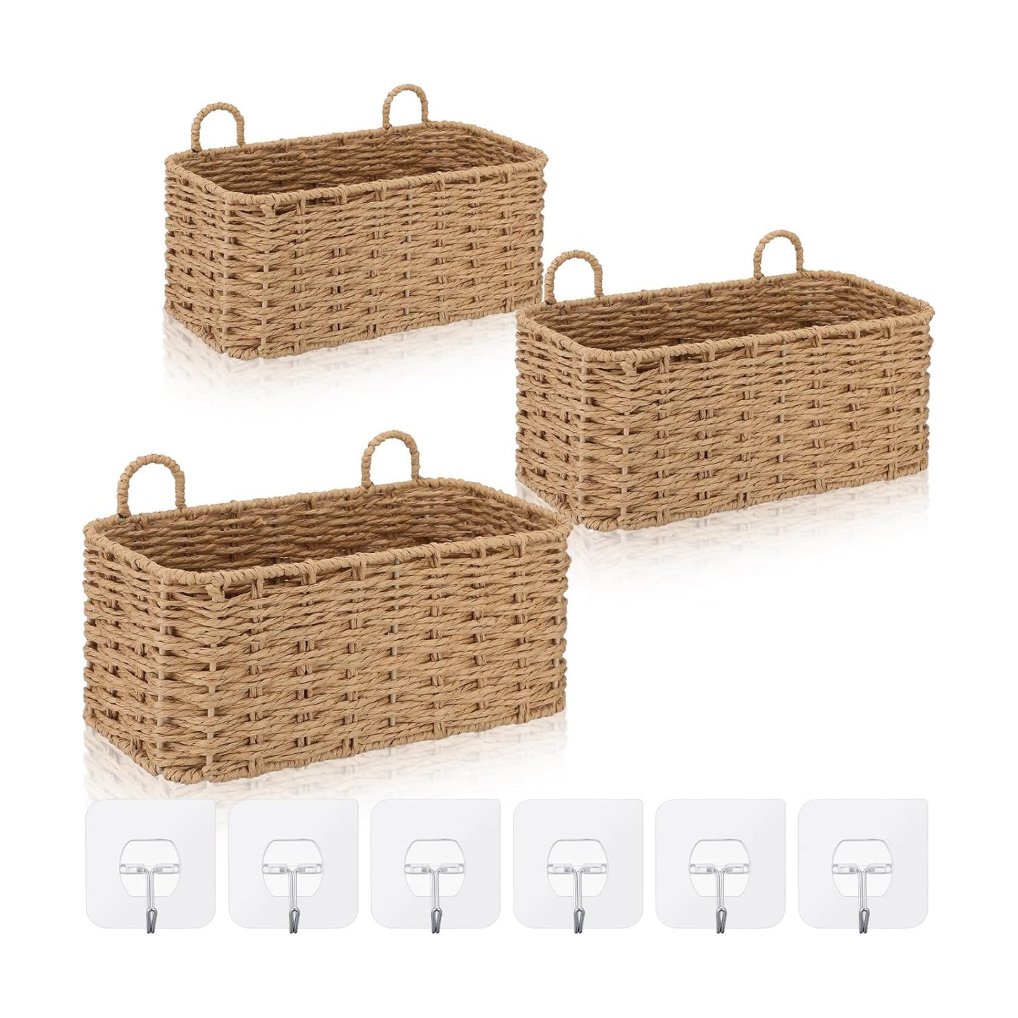 3 Piece Wall Hanging Baskets for Organizing Woven Baskets Sets Boho Style / Natural Tan / Rectangle