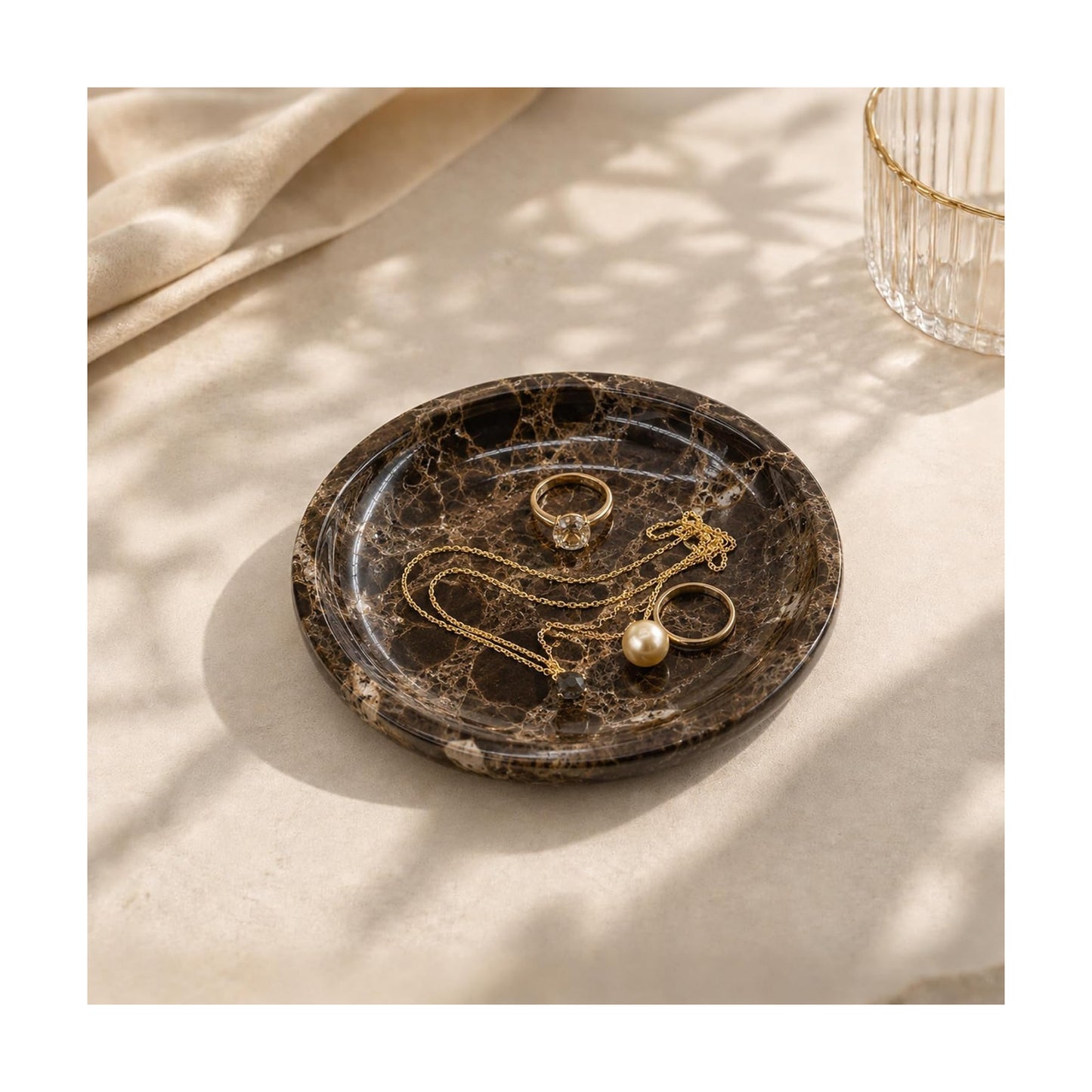Small Natural Marble Jewelry Tray Key Plate Holder Dish Trinket Decor Catch All Bowl / Dark Brown