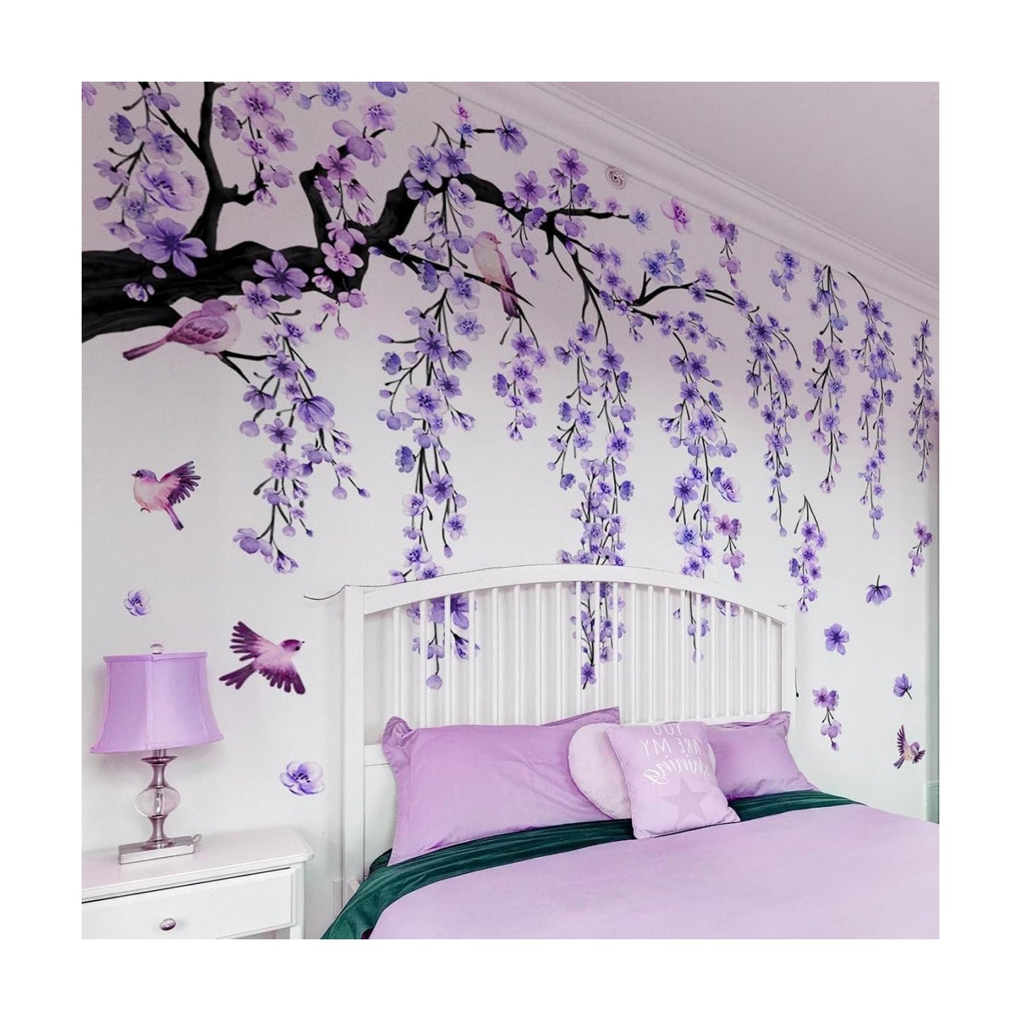 Cherry Blossom Branch Wall Stickers Large Right-Extending Floral Bird Wall Decals Peel / Purple