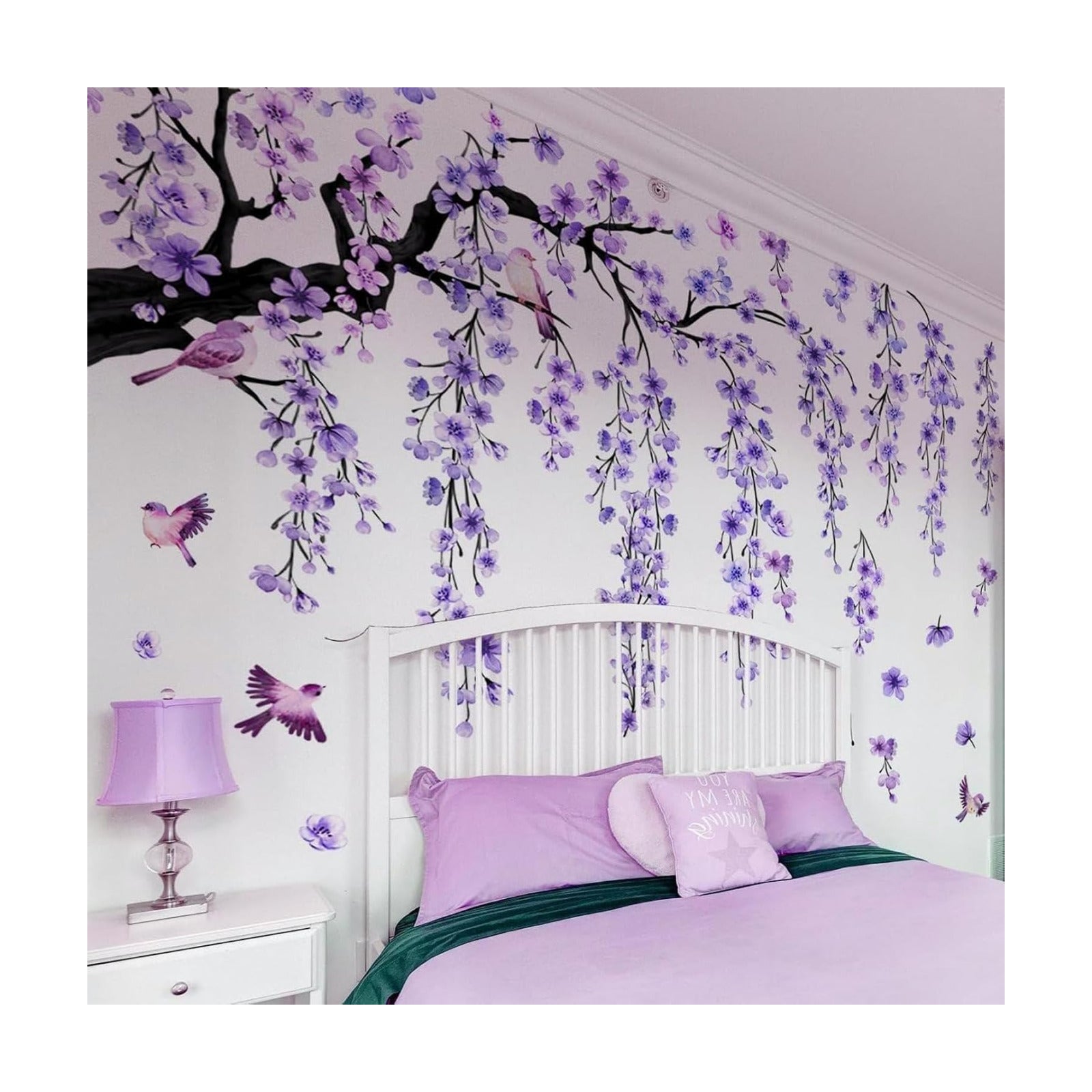 Cherry Blossom Branch Wall Stickers Large Right-Extending Floral Bird Wall Decals Peel / Purple