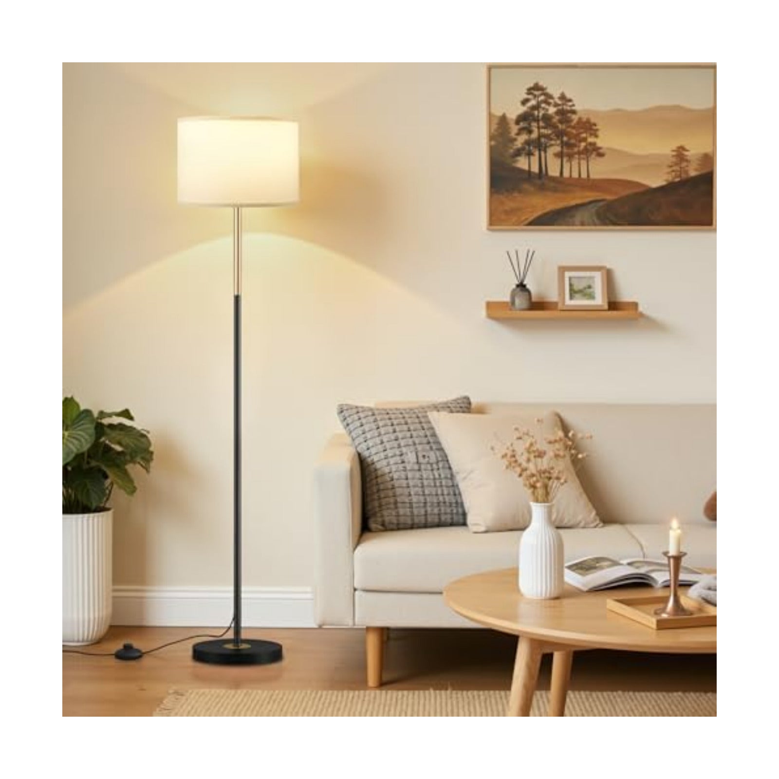 Ambimall 60'' Modern Floor Lamp with Shade, Tall Lamps for Living Room, Bedroom, Office, Dining Room, Gold & Black Lamp