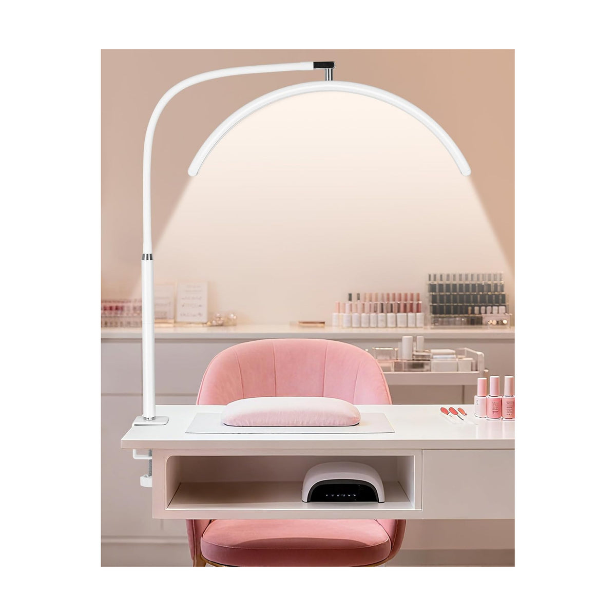 Professional Half Moon LED Desk Light for Nail Techs & Artists – Flexible Gooseneck Lamp with Clamp, 5 Color Modes & 5