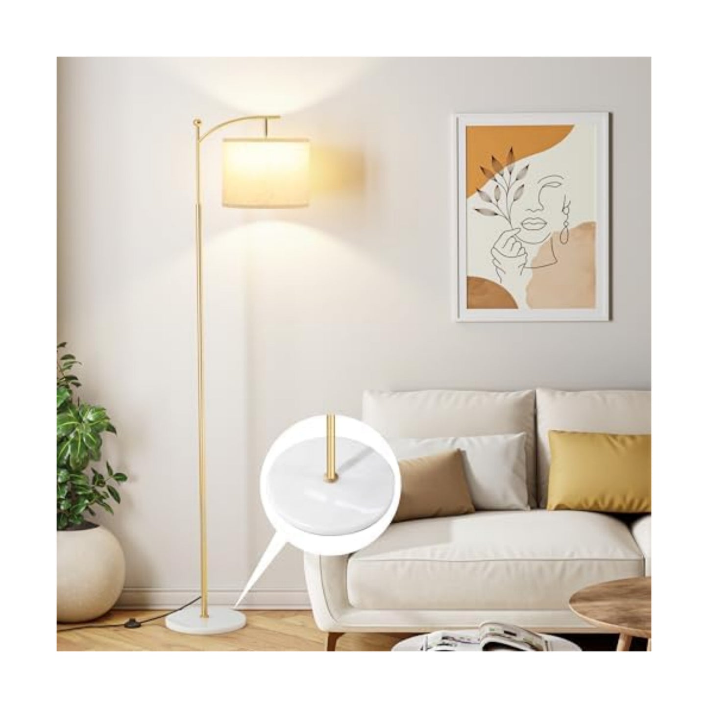 Ambimall 60" Floor Lamp for Living Room with 3 Color Temperatures, Gold Standing Lamp with White Marble Base, Modern