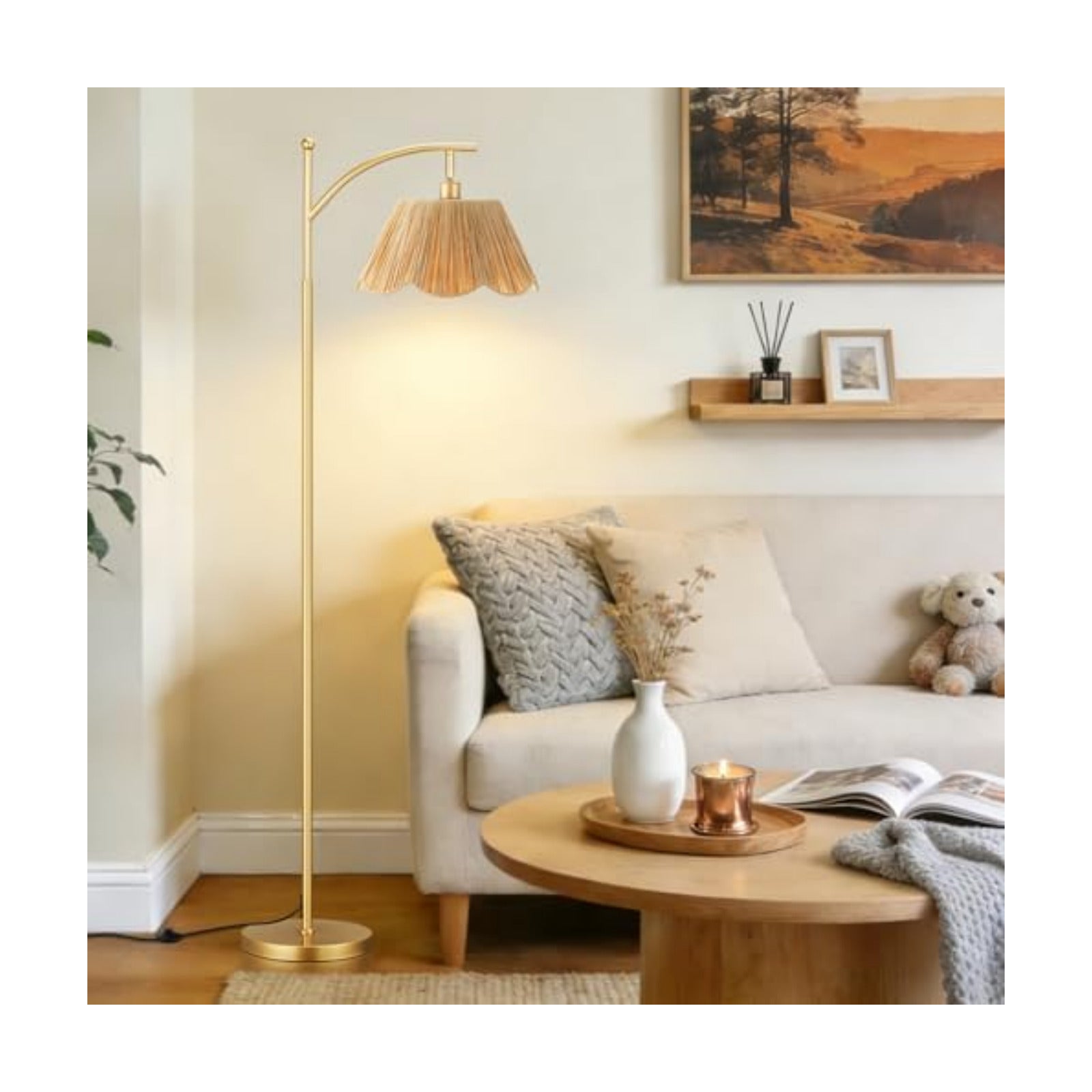 Ambimall 60" Floor Lamps for Living Room with 3 Color Temperatures, Gold Floor Lamp with Rattan Shade, Modern Tall
