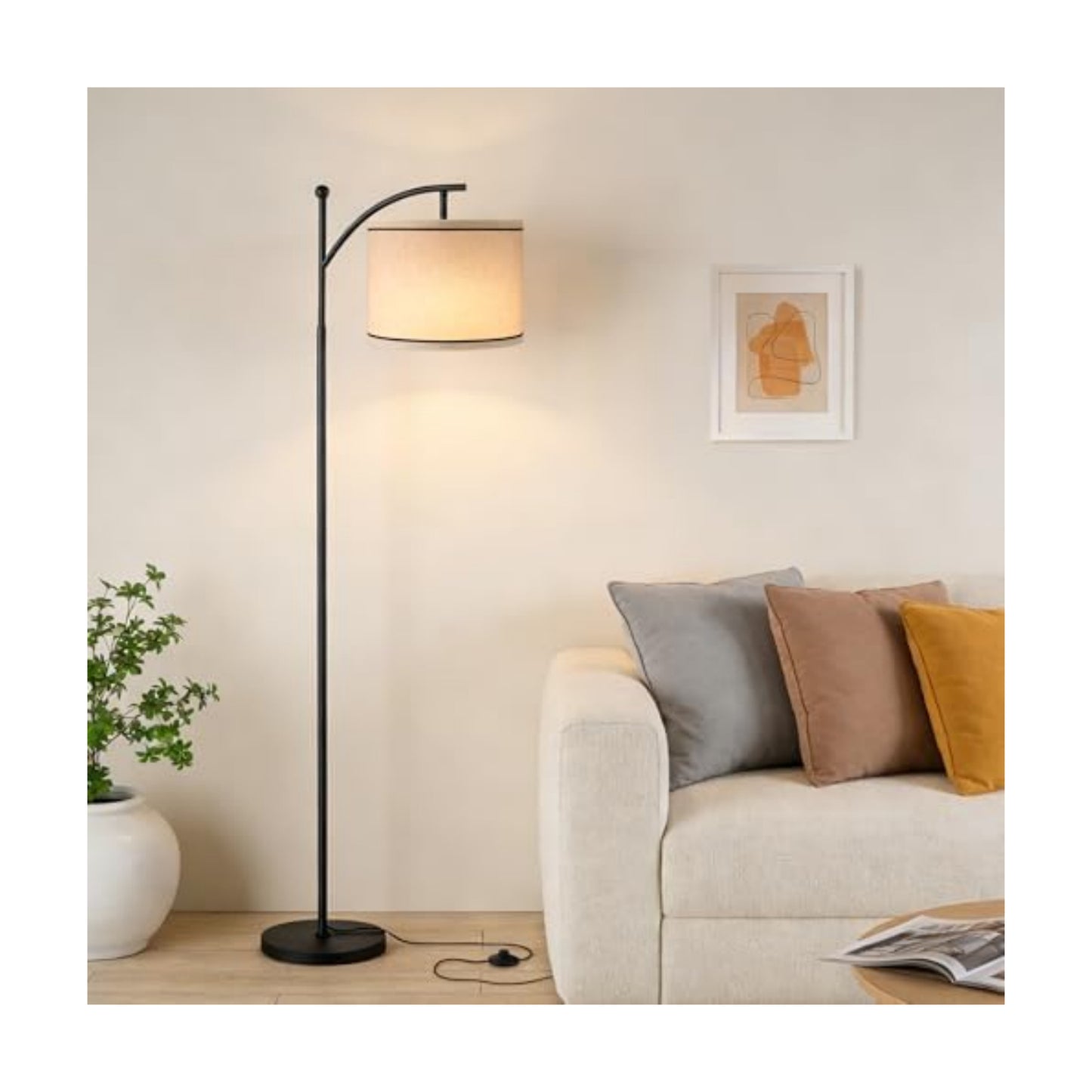 Ambimall 60" Floor Lamp for Living Room with 3 Color Temperatures, Beige Lampshade with Black Stripes, Tall Lamp for