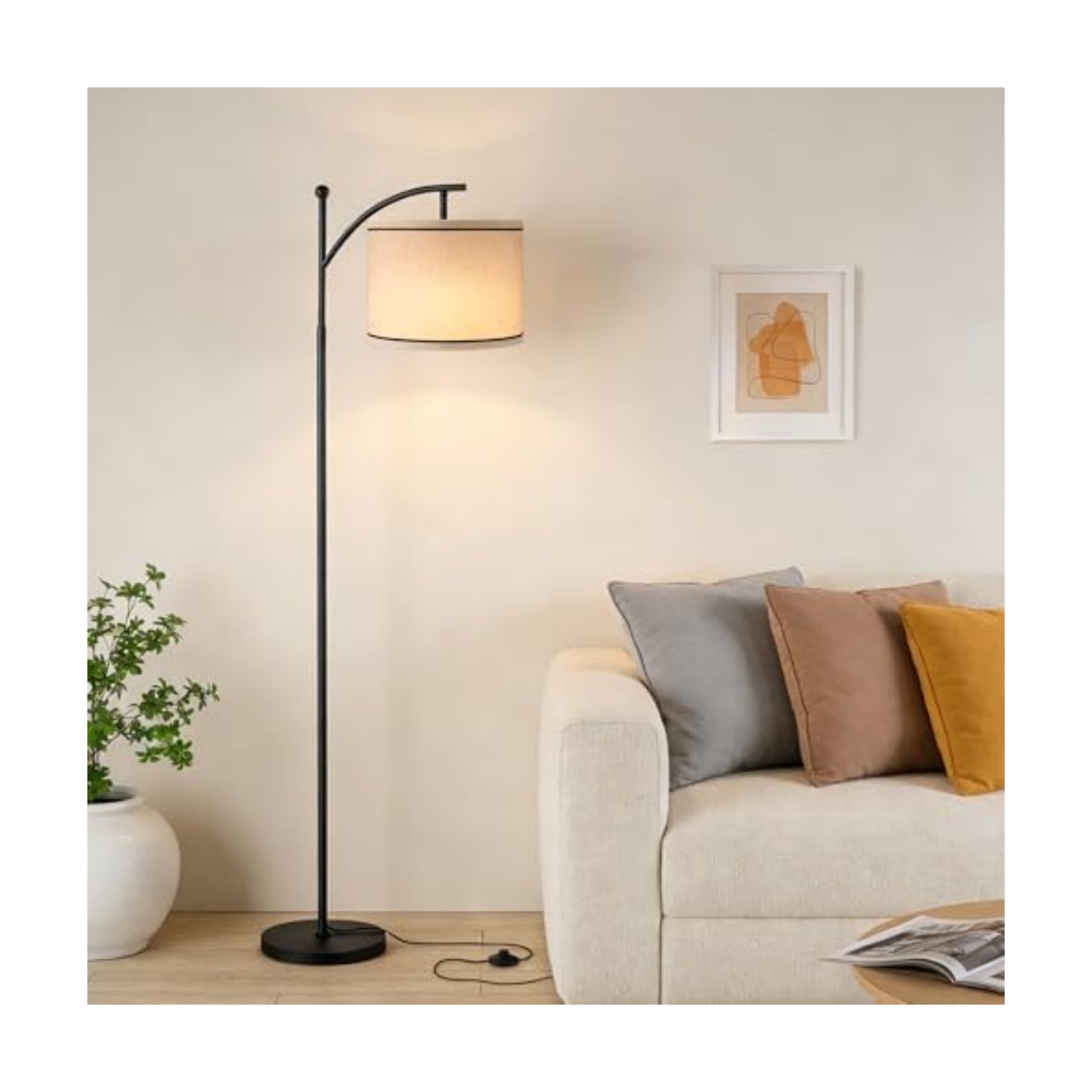 Ambimall 60" Floor Lamp for Living Room with 3 Color Temperatures, Beige Lampshade with Black Stripes, Tall Lamp for