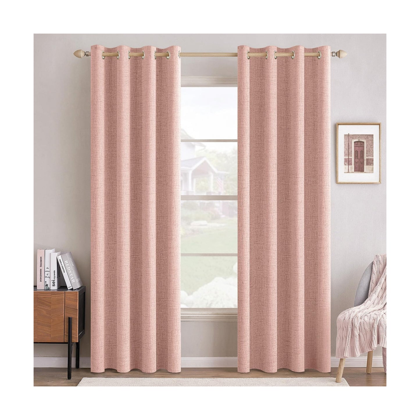 MIULEE 100% Blackout Linen Curtains for Bedroom 52x96 Inches Blush Pink