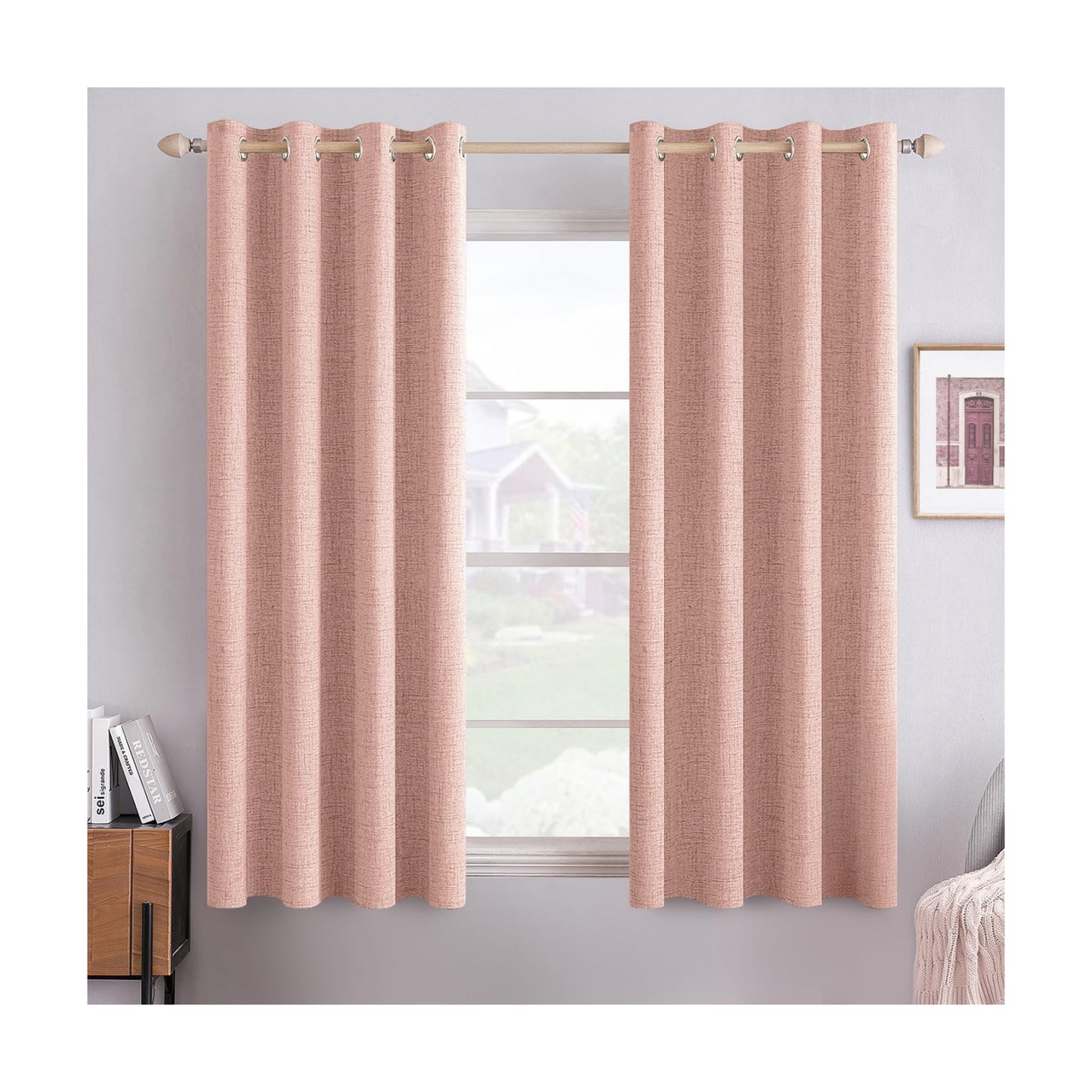 MIULEE 100% Blackout Linen Curtains for Bedroom 52x54 Inches Blush Pink