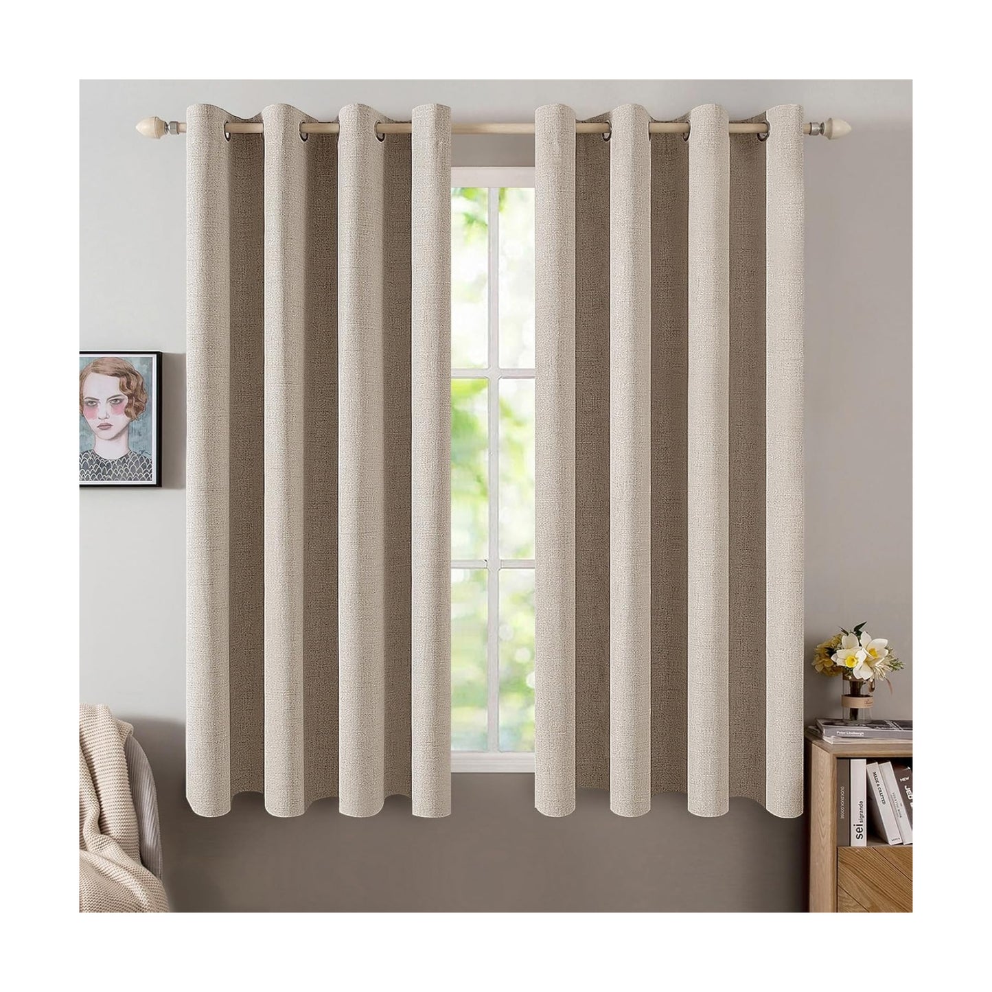 MIULEE 100% Blackout Linen Curtains for Bedroom 52x45 Inches Taupe