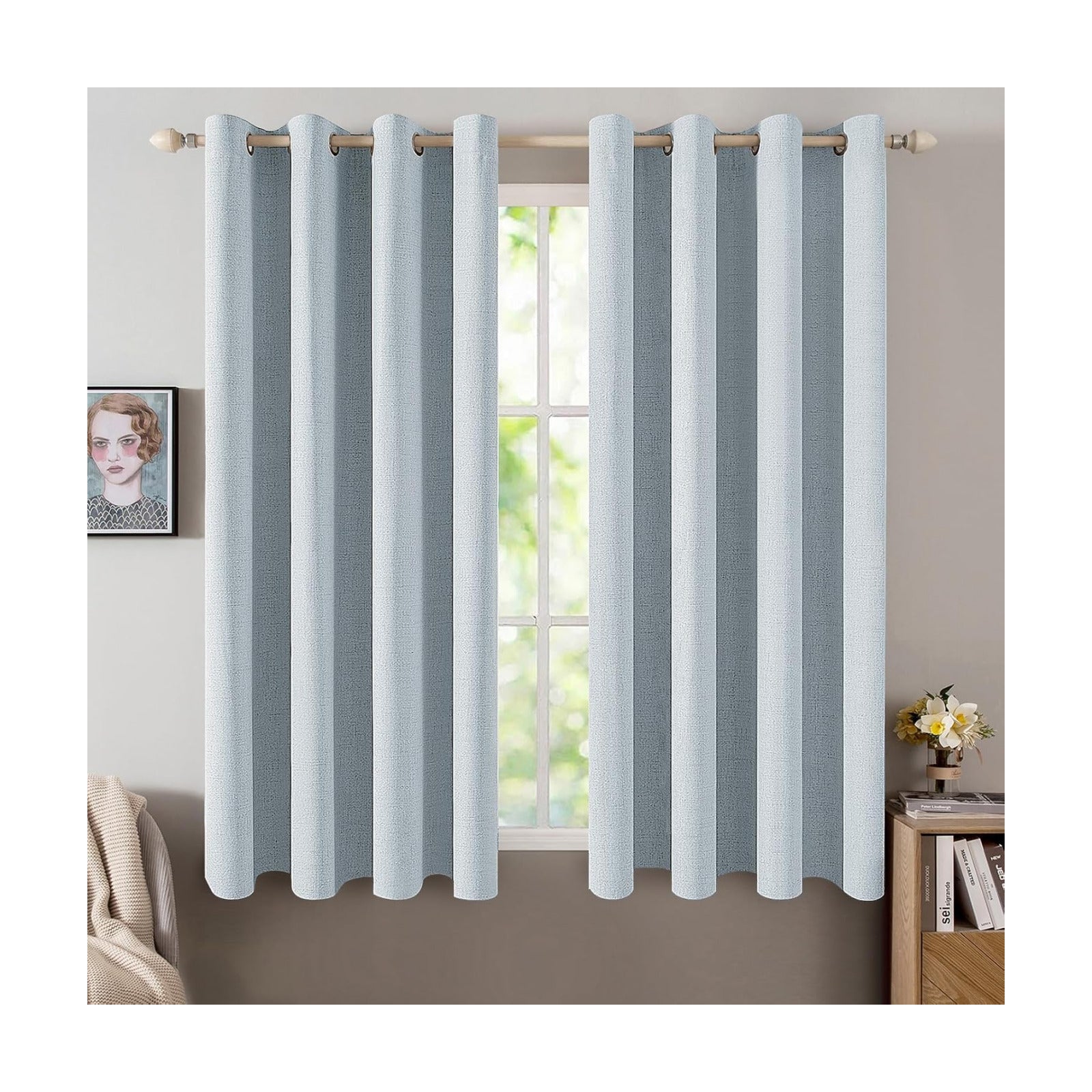 MIULEE 100% Blackout Linen Curtains for Bedroom 52x54 Inches Chambray Blue