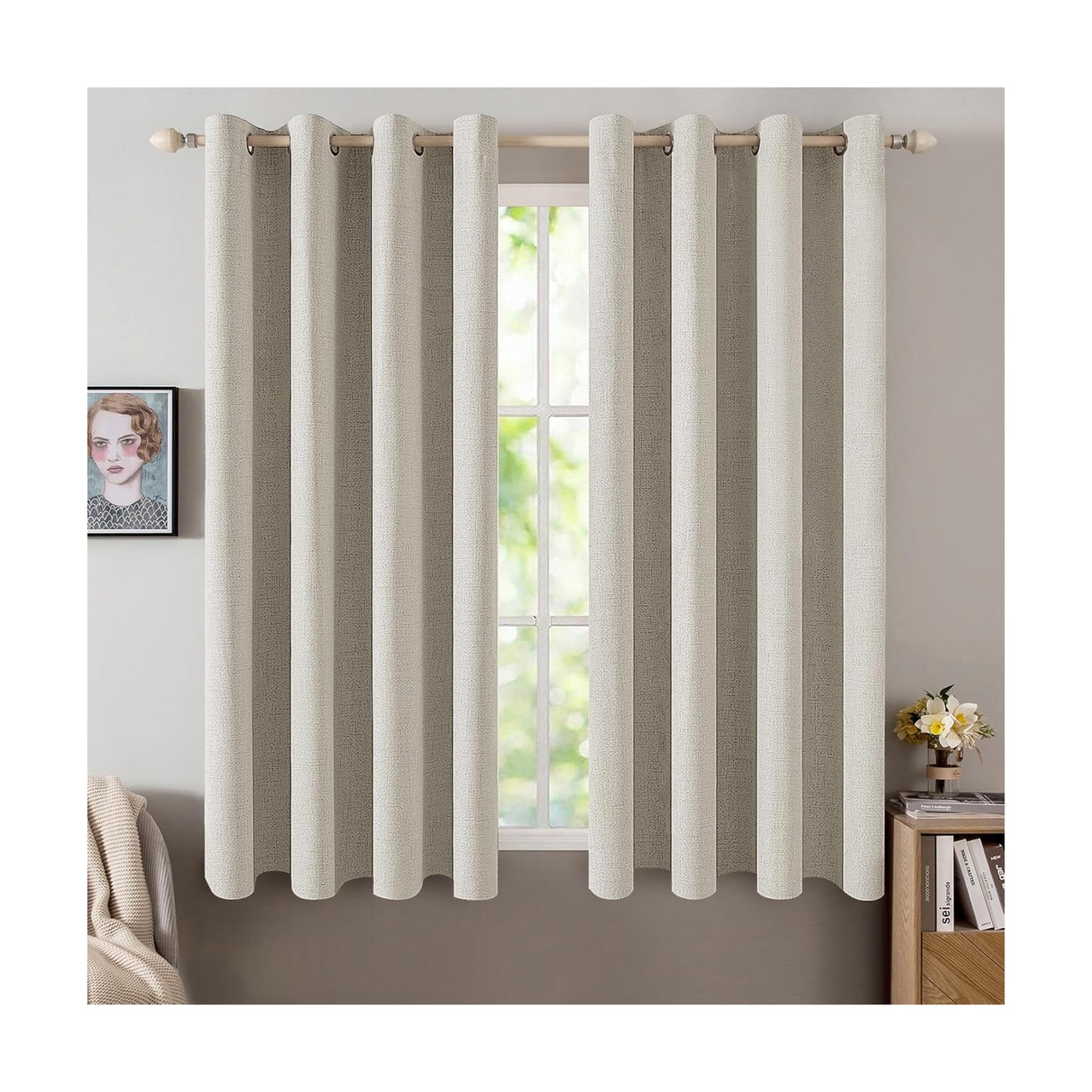 MIULEE 100% Blackout Linen Curtains for Bedroom 52x45 Inches Cobblestone