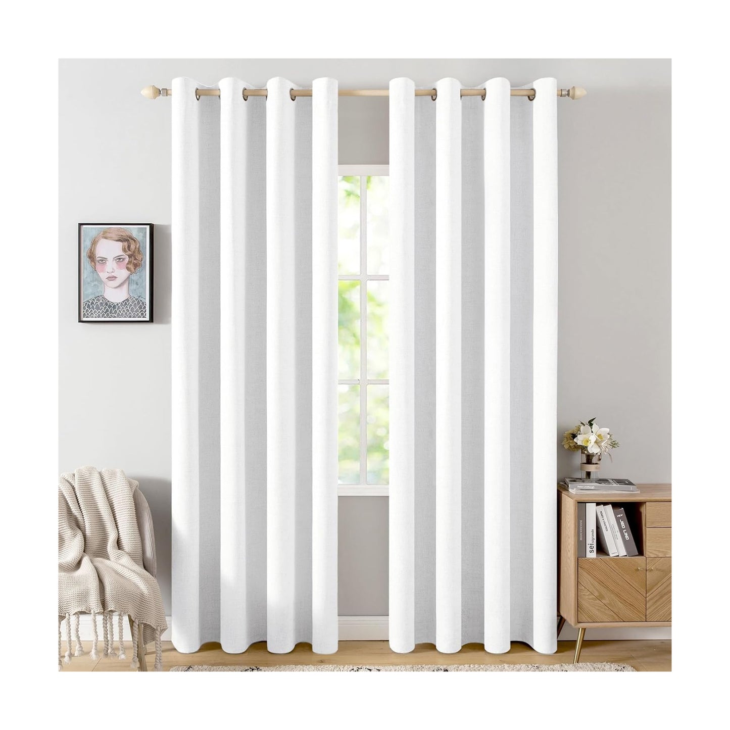 MIULEE 100% Blackout Linen Curtains for Bedroom 52x90 Inches Bright White