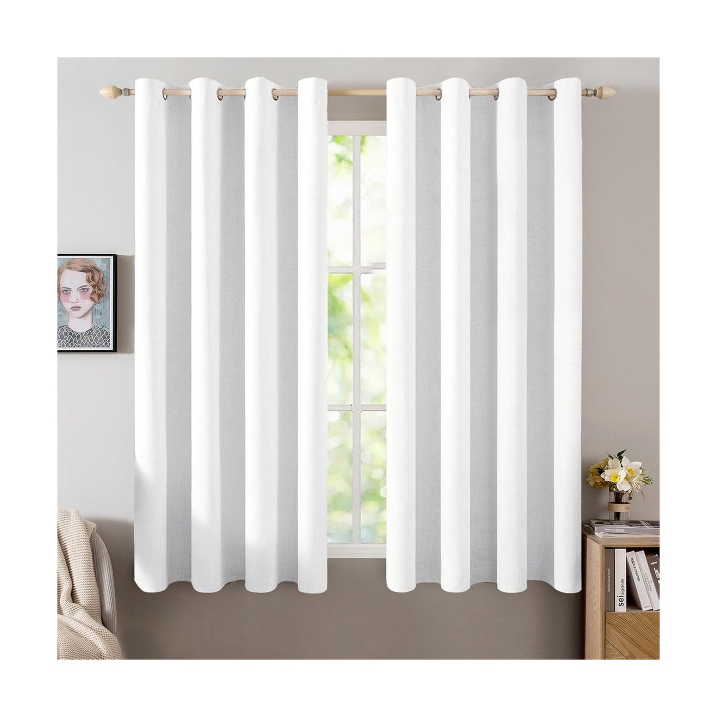 MIULEE 100% Blackout Linen Curtains for Bedroom 52x54 Inches Bright White