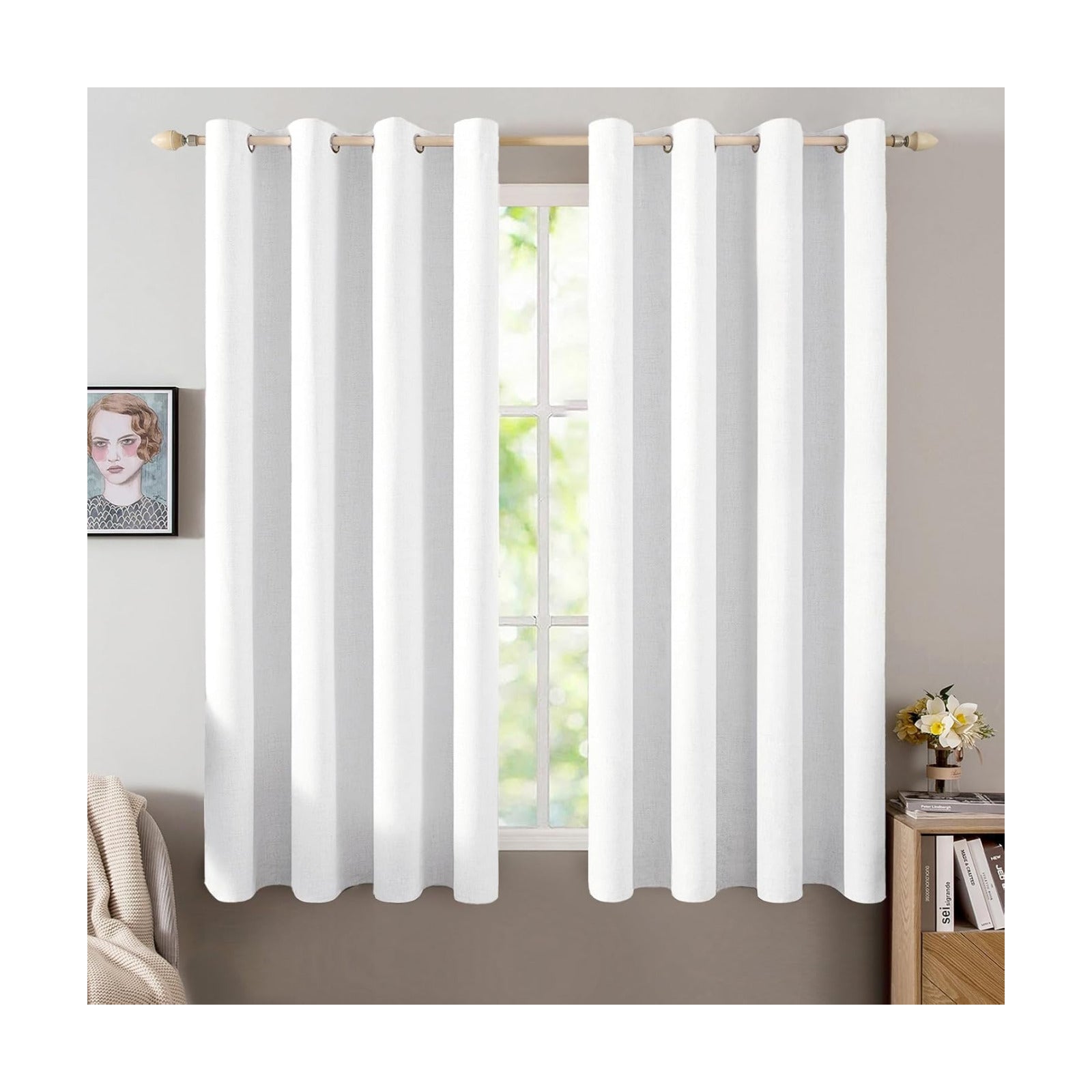 MIULEE 100% Blackout Linen Curtains for Bedroom 52x54 Inches Bright White