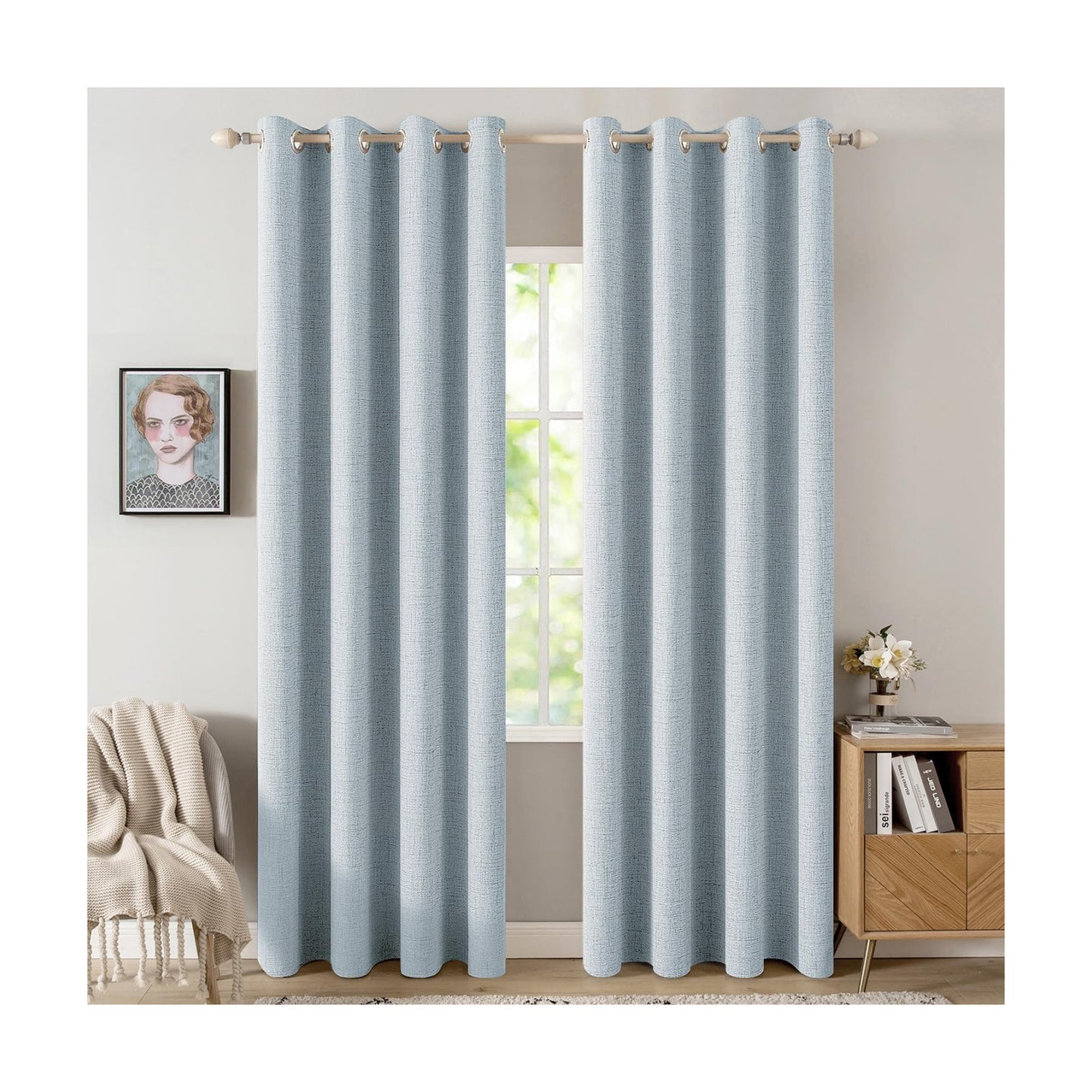 MIULEE 100% Blackout Linen Curtains for Bedroom 52x90 Inches Chambray Blue