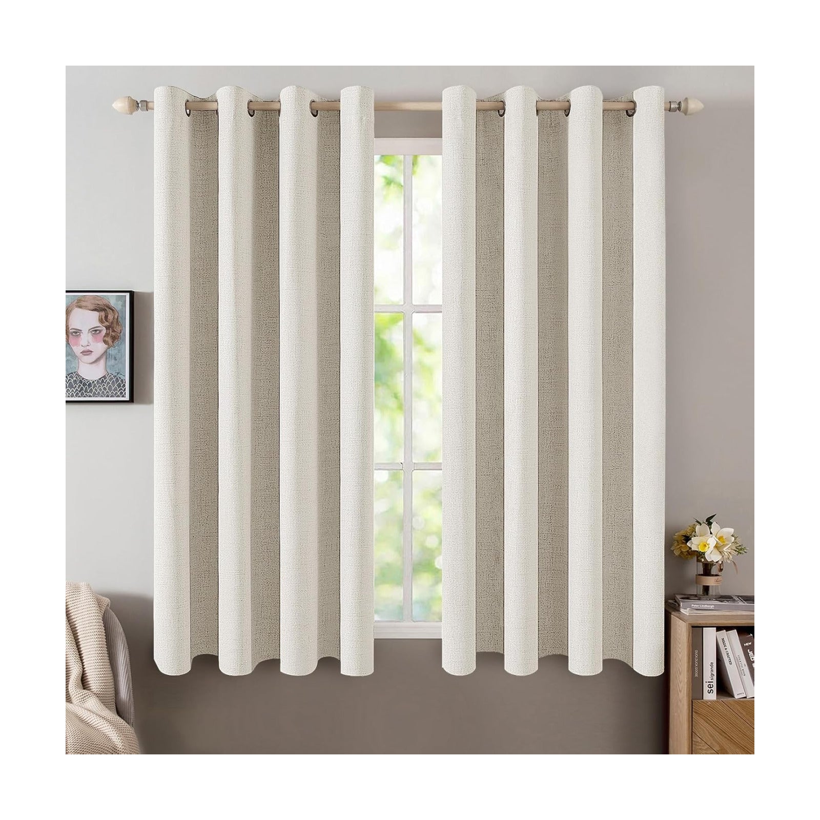 MIULEE 100% Blackout Linen Curtains for Bedroom 52x54 Inches Linen Beige
