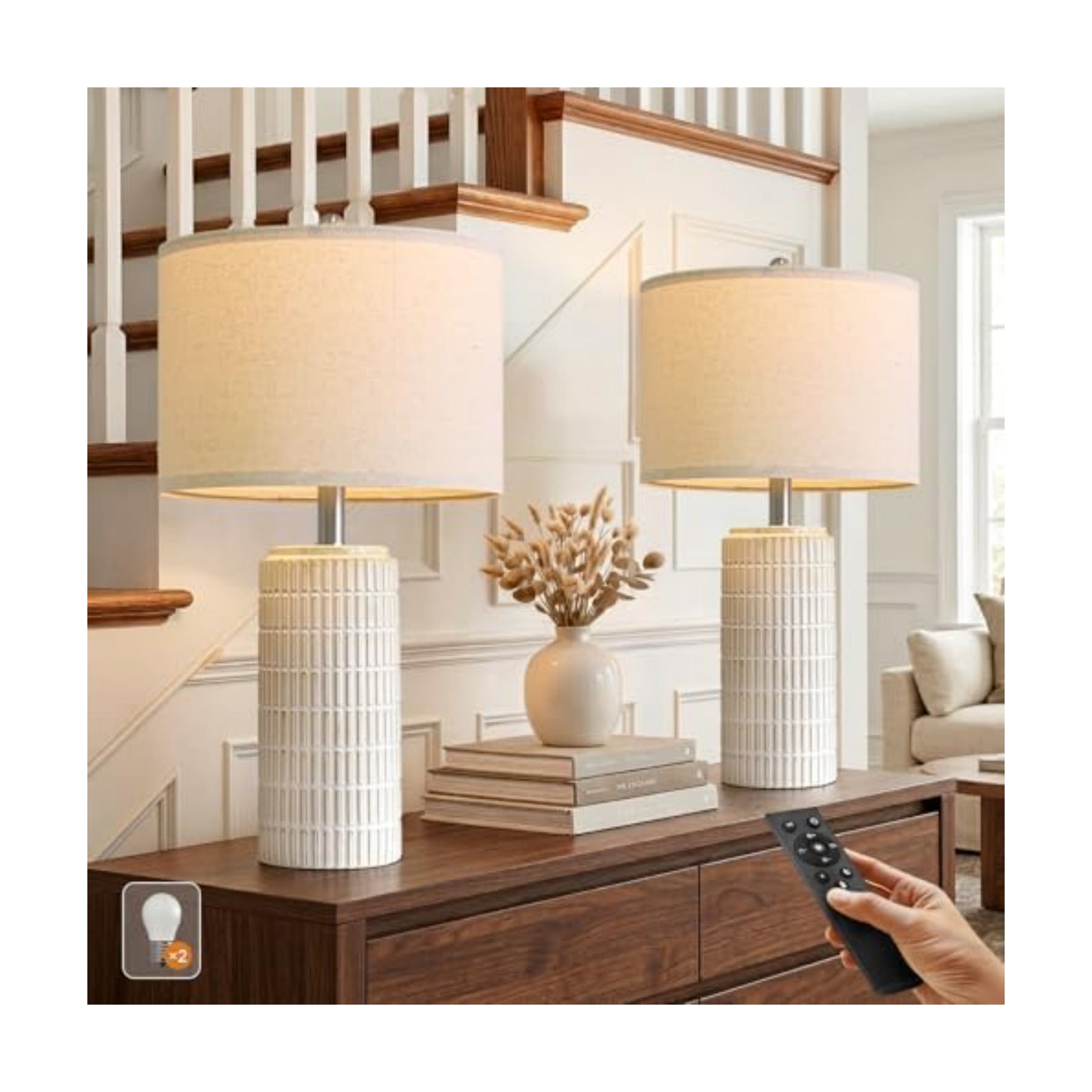 PoKat 23’’ Dimmable Table Lamps Set of 2 with Remote for Living Room, White