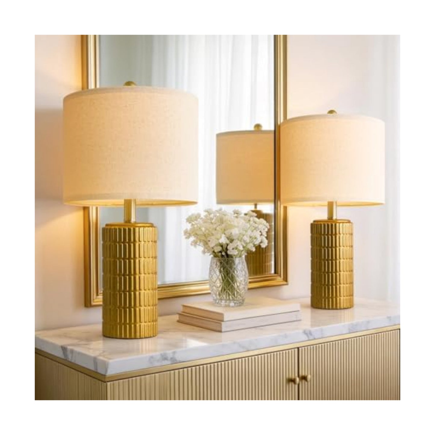 PoKat 20.75" Brass Gold Ceramic Table Lamps Set of 2 for Living Room, Small Retro Bedside Lamps for Bedroom, Nightstand