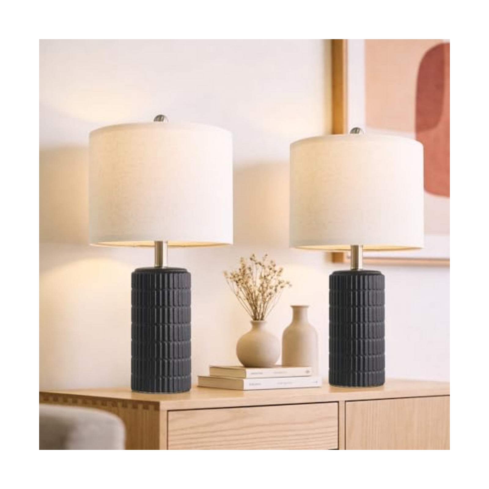 PoKat Small Table Lamps Set of 2 for Bedroom, 20.75'' Matte-Textured Farmhouse Ceramic Bedside Lamps for Night Stands