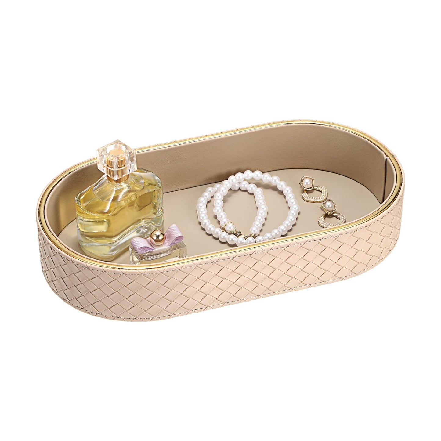 Perfume Trays PU Leather Vanity Tray for Dresser Bathroom Valet Trays Oval / 11 x 5.9 x 2 / Beige
