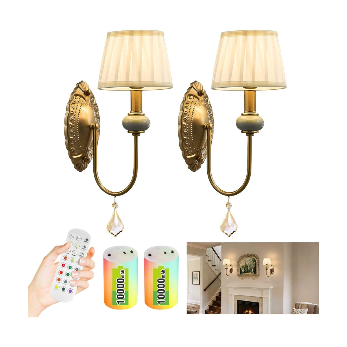 Wireless Battery Operated Antique Brass Wall Sconces Set of 2, 10000mAh Rechargeable Gold Crystal Vintage Fabric Shade