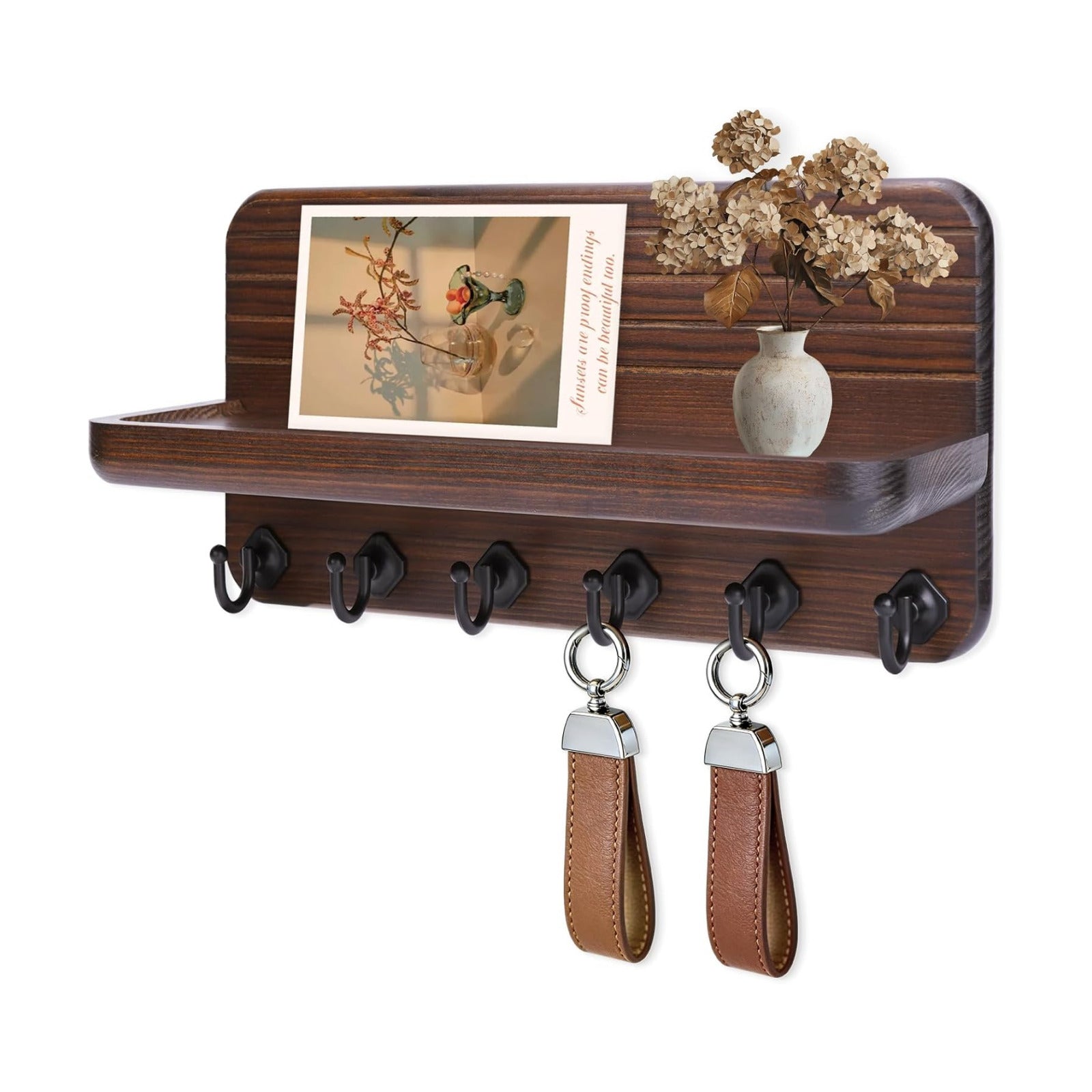 6 Hooks Wooden Hanging Key Rack / Brown