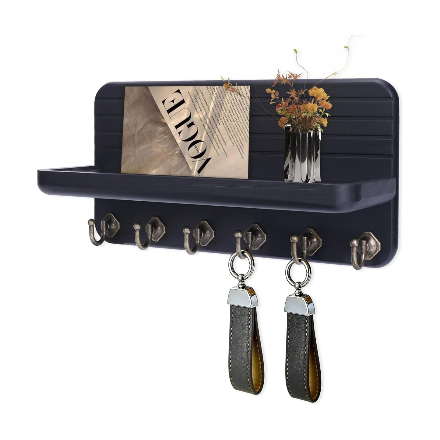 6 Hooks Wooden Hanging Key Rack / Black