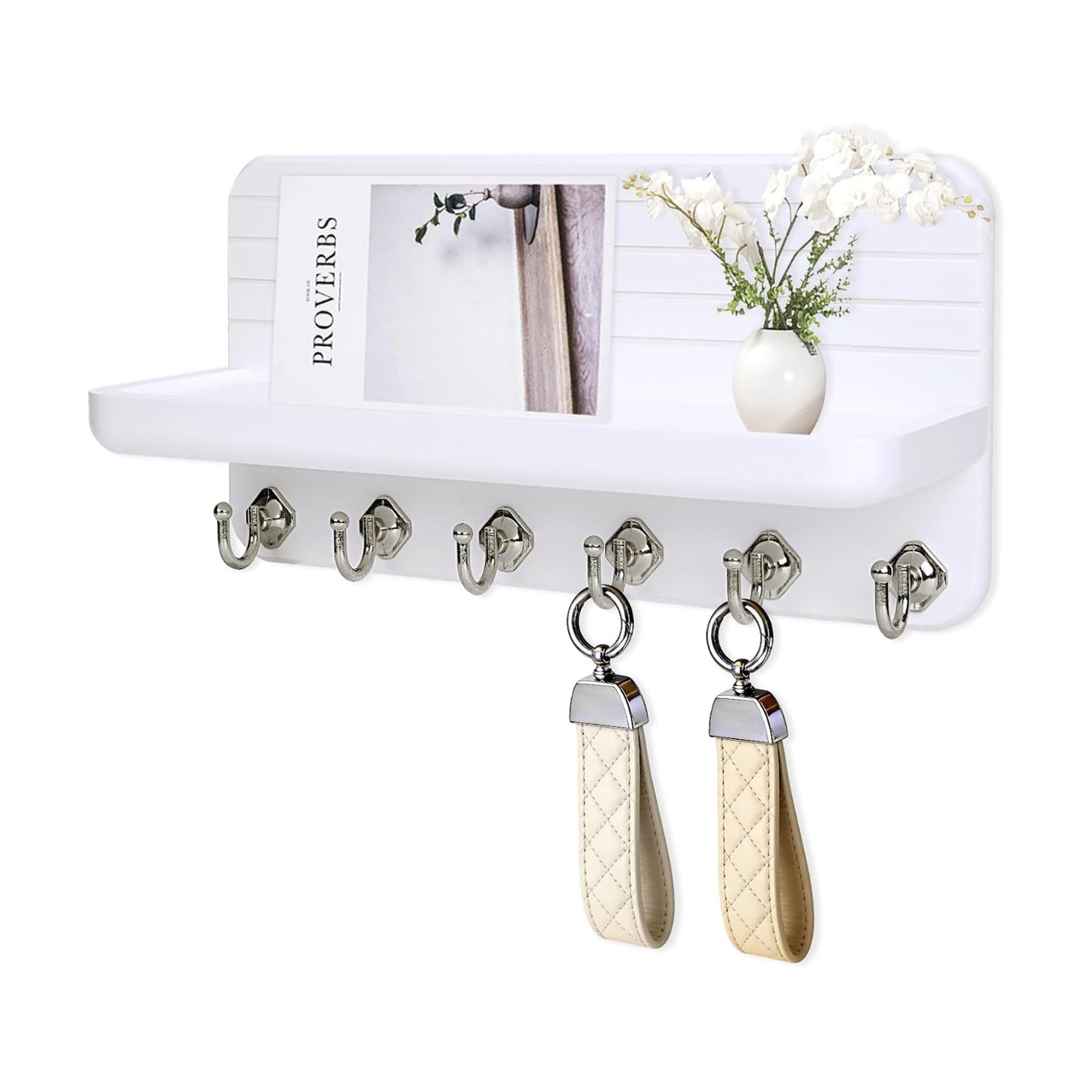 6 Hooks Wooden Hanging Key Rack / White
