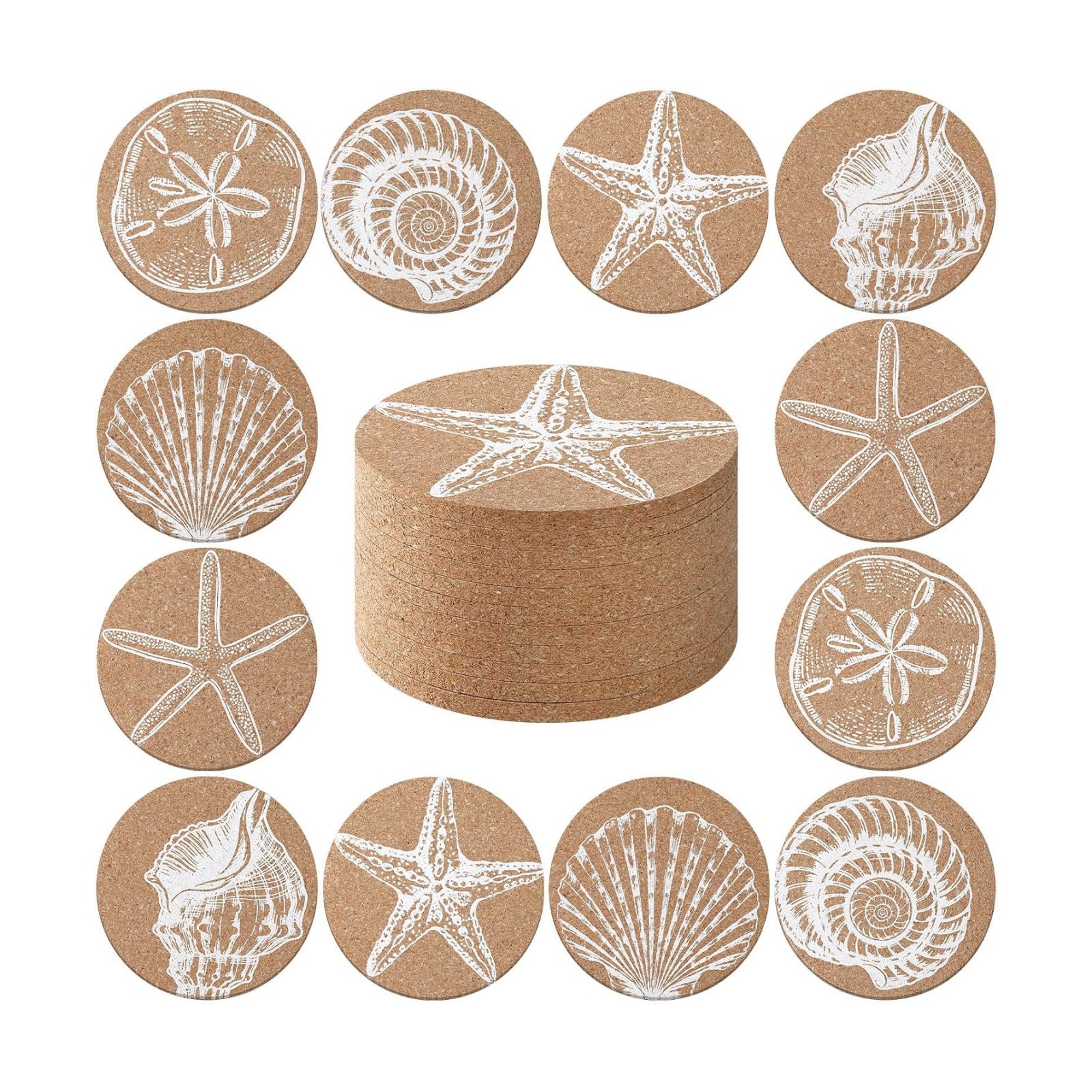 Coastal Coasters for Drinks Beach Cork Coasters Sea Shell Printed Round Absorbent Mat / Set of 12