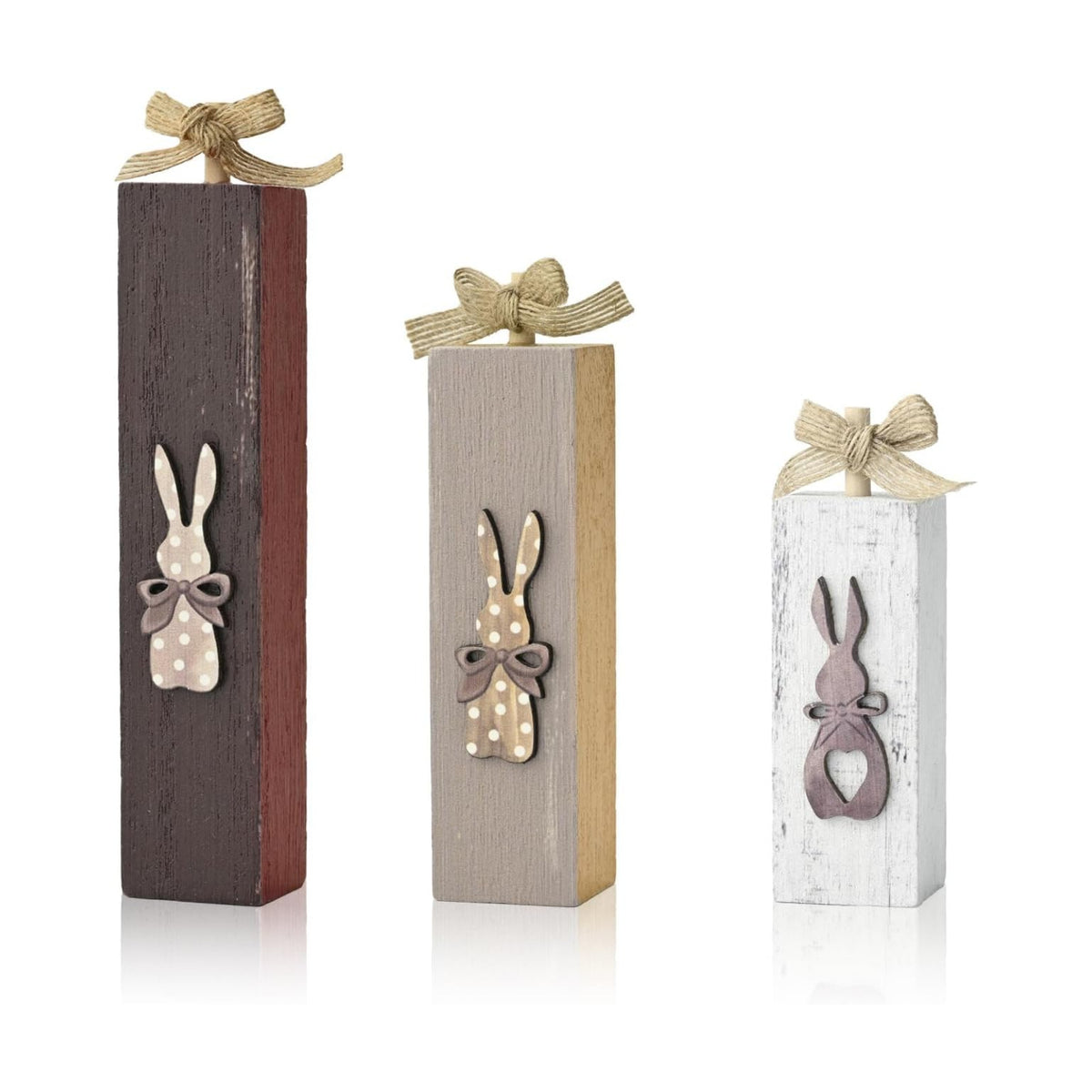 Smile 3-Piece Easter Bunny Wooden Block Set, Rustic Tiered Tray Decor with Burlap Bows for Spring & Easter