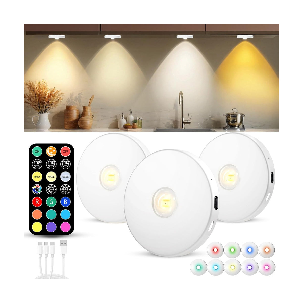 Puck Lights with Remote, 2000mAH Battery Operated, Rechargeable Shelf Light, Wireless,Color Changing Magnetic Light