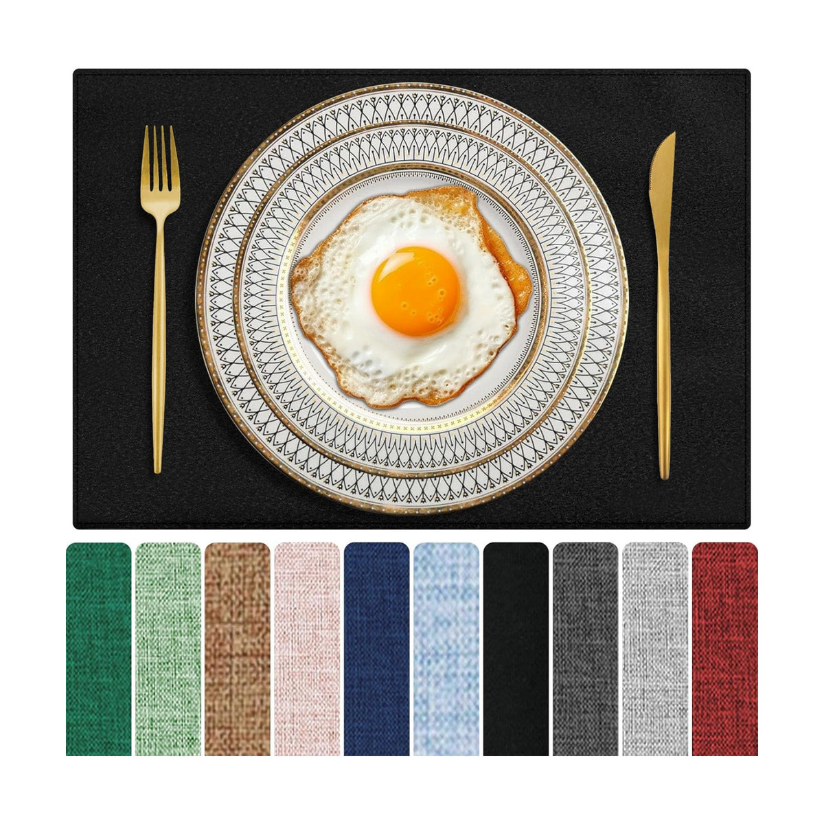 Cloth Placemats Set of 6, Cotton Linen Blend Place Mats, Black | Machine Washable, Double Layered, Heat Resistant