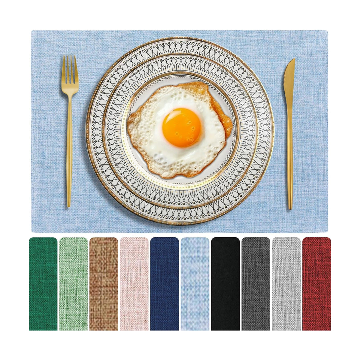 Cloth Placemats Set of 6, Cotton Linen Blend Place Mats, Light Blue | Machine Washable, Double Layered, Heat Resistant