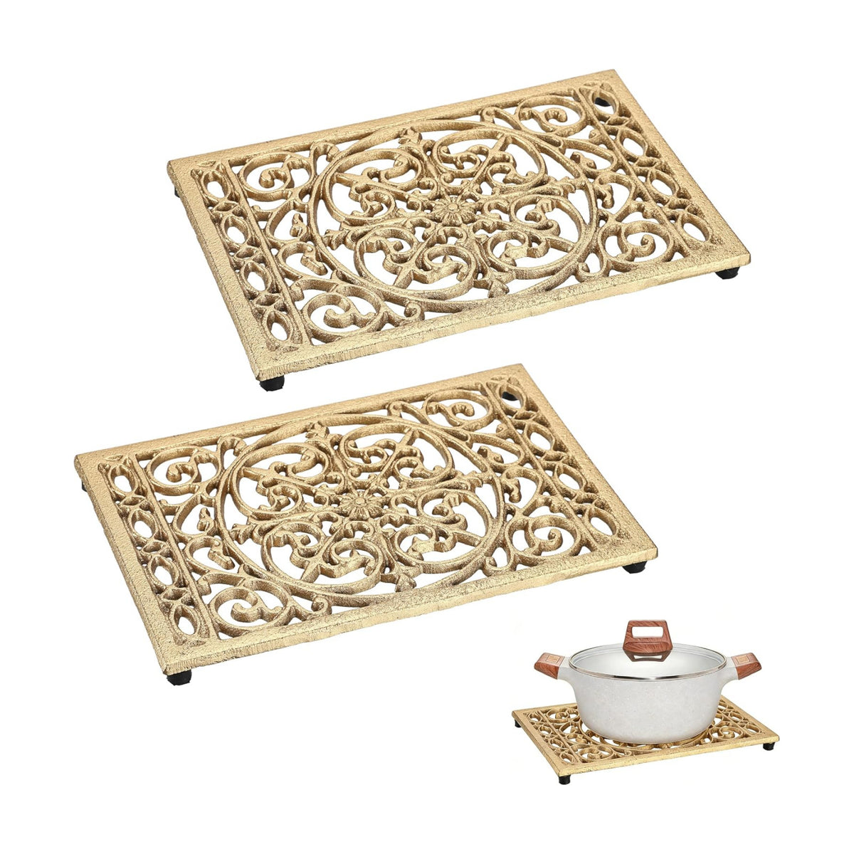 Sumnacon Cast Iron Trivet 2Pcs Heat Resistant Trivets for Hot Pots and Pans | 9.6 x 6.3 Inch Metal Trivets with Rubber
